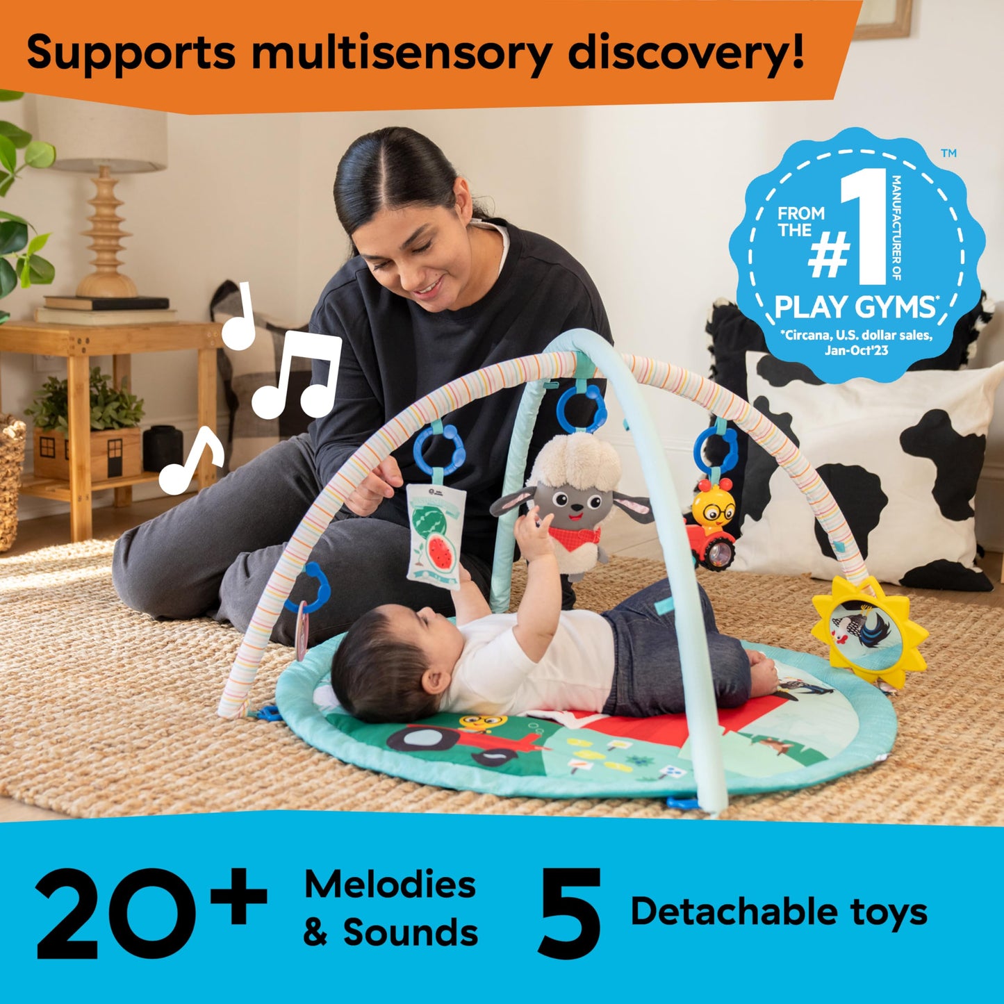 Baby Einstein Ingenuity Farm Explorers Happy Harvest Touch & Feel Baby Play Gym & Mat with 5 Removable Toys, 20+ Songs & Sounds, Ages 0+ Months
