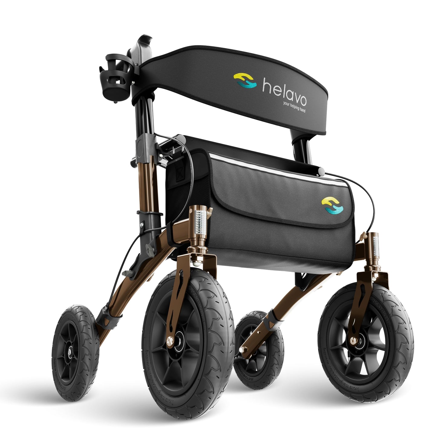 Helavo All Terrain Walker with Puncture-Proof, Flat-Free Solid Rubber Tires, 12" Wheels - Foldable Outdoor Walker for Seniors with Seat, Ergonomic Handles and Extra Padded Backrest