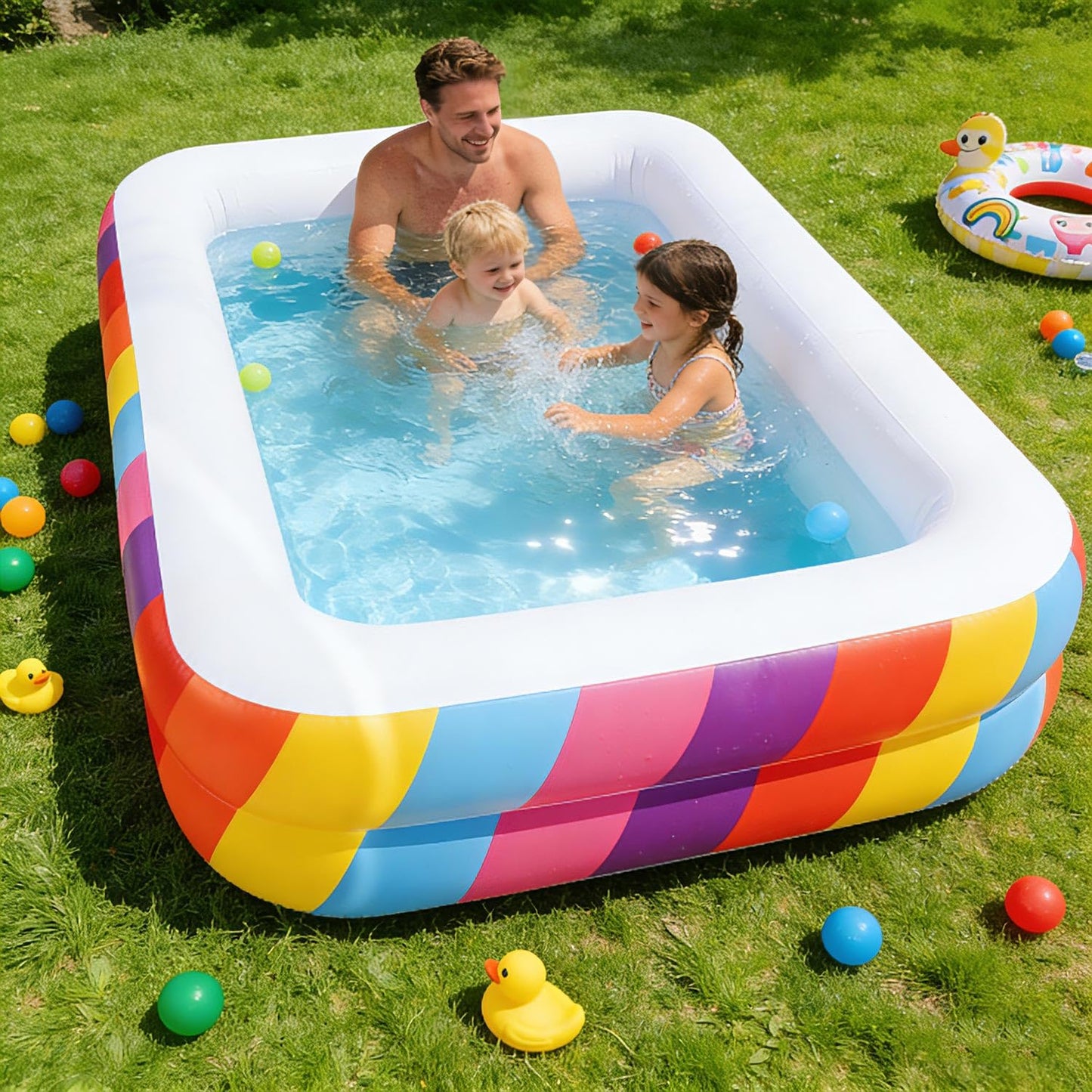 CHICLIST Kids Splash Pool Inflatable 74" Rectangular, Large BPA-Free PVC Kiddie Pool with Drain Plug for Ages 3-12