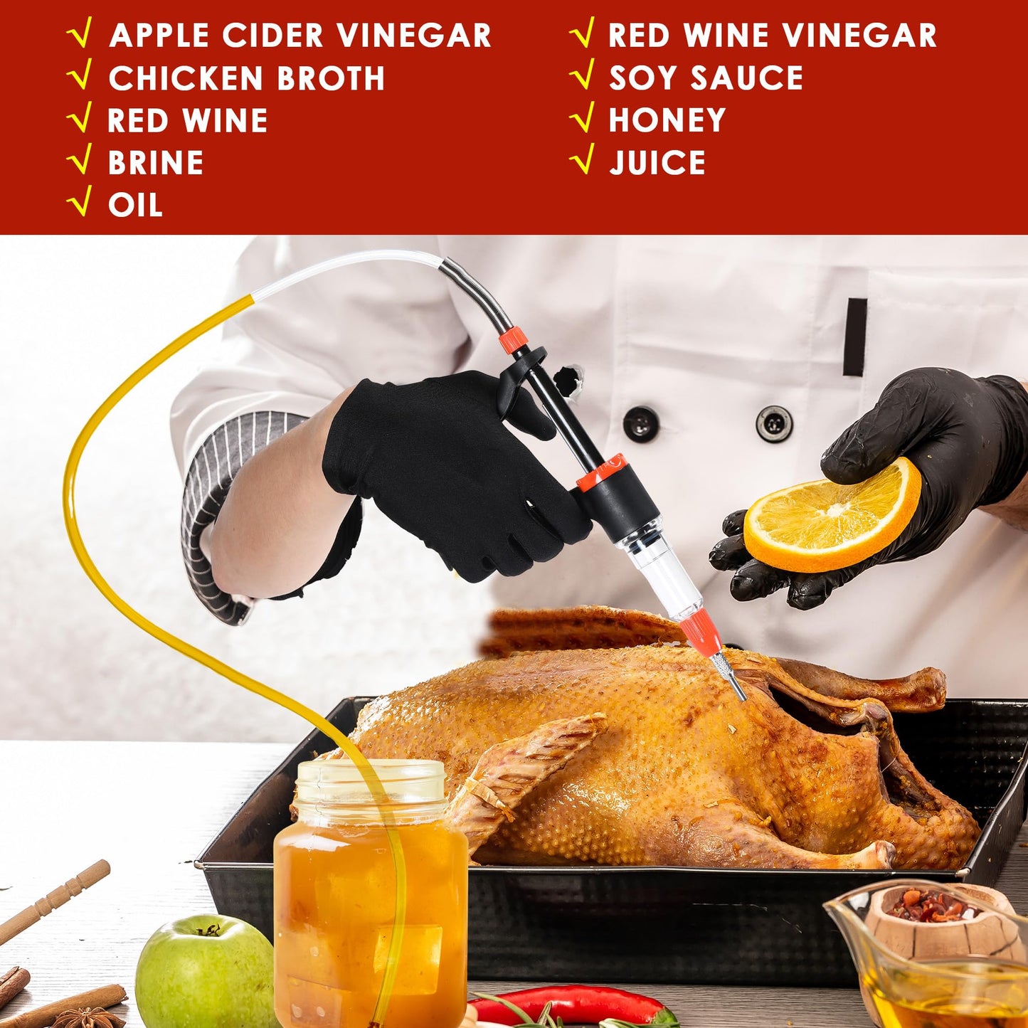 Dreyoo Marinade Injector Syringe for Smoking, Meat Injector Syringe with 3 Flow Settings, 4 Precision Needles & 33.46in Hose Ideal Meat Syringe Pump for BBQ, Smoking, Turkey and Holiday Feasts