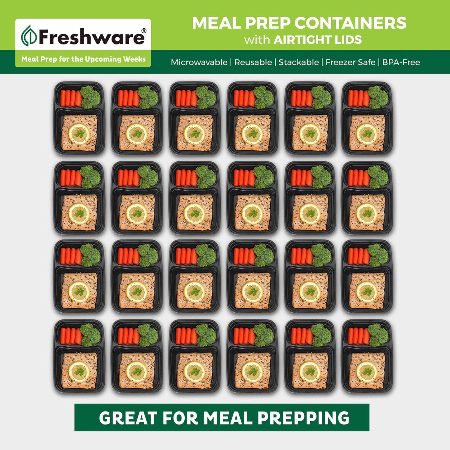 Freshware Meal Prep Containers [15 Pack] 2 Compartment with Lids, Food Storage Containers, Bento Box, BPA Free, Stackable, Microwave/Dishwasher/Freezer Safe (28 oz)