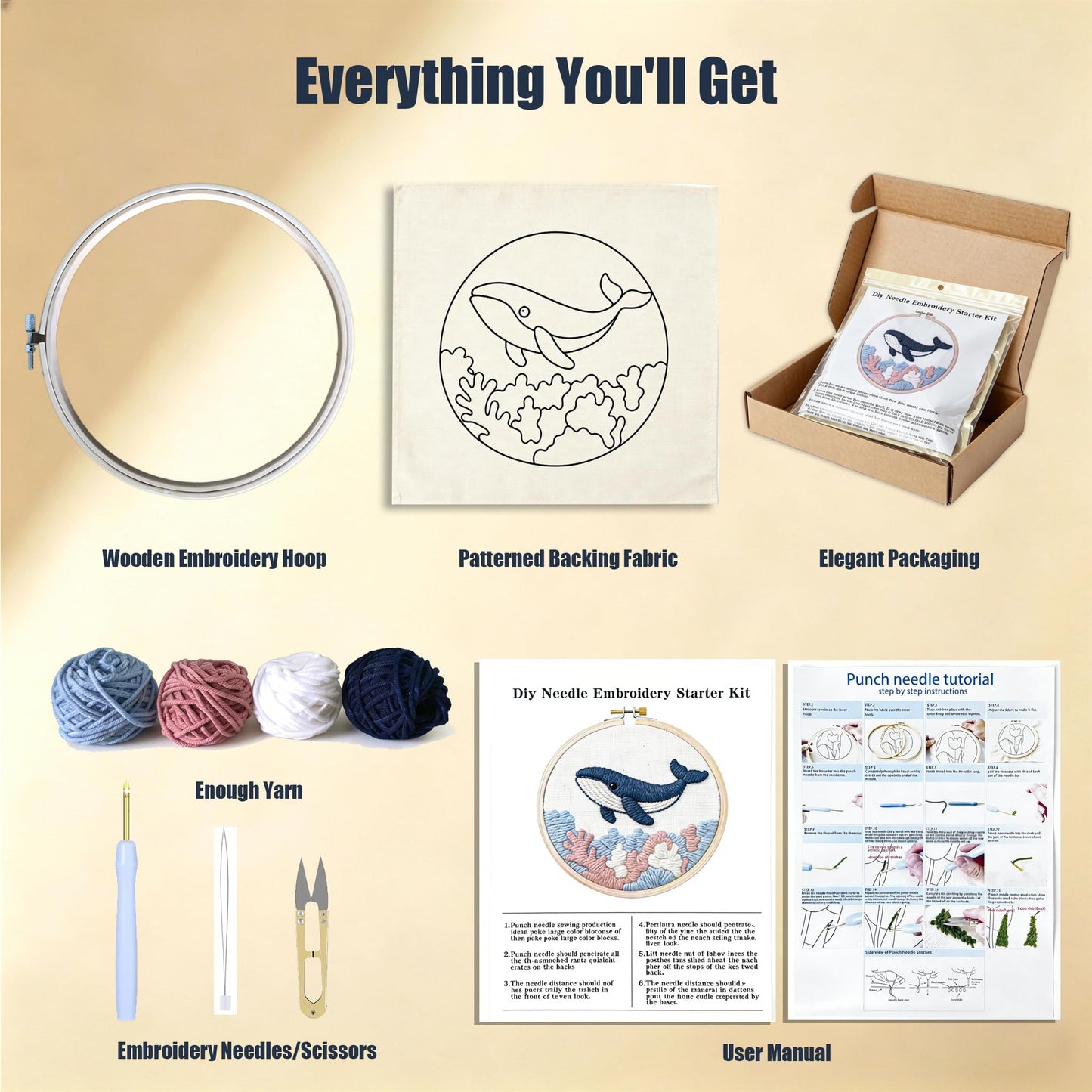 Punch Needle Kits For Adults Beginner,Punch Needle Starter Kit Easy,Embroidery Punch Needling Kits,DIY Punchneedle Kit All Supplies With Wooden Hoop/Patterns/Yarns/Instruction (08-White Daisy)