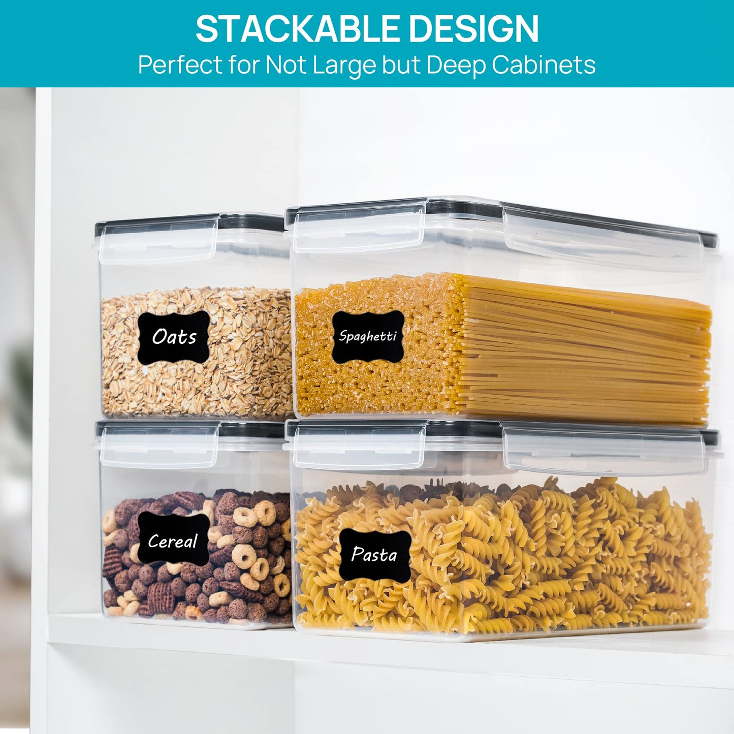 Vtopmart Airtight Food Storage Containers with Lids 4PCS Set 3.2L, Plastic Spaghetti Canisters for Pasta organizer, BPA Free Air Tight Kitchen Pantry Organization