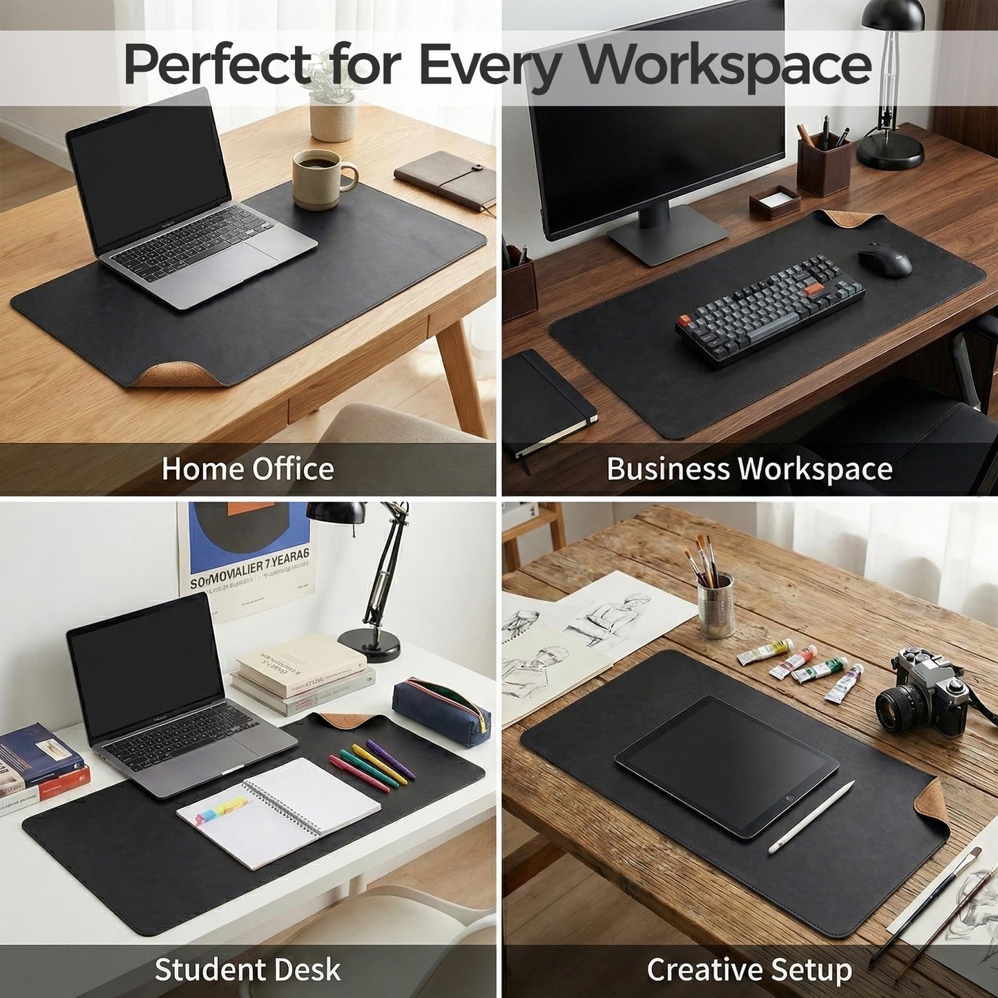 Premium Faux Leather Desk Mat & Tray Set，Innovative Cork-Look Printed Base，Gift Tube Packaging，Full-Desk Coverage，Non-Slip Desk Pad for Office Home（Classic Black）