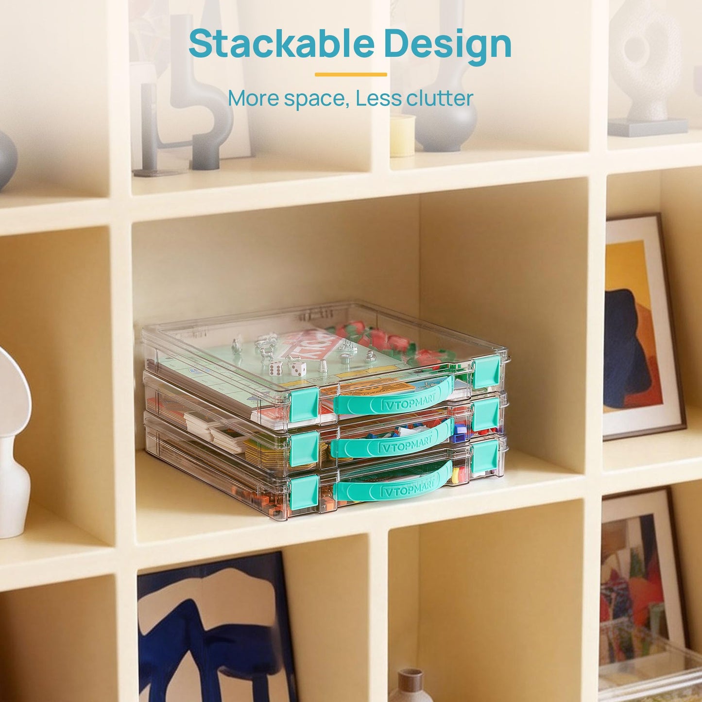Vtopmart 3 Pack Board Game Storage with Handle and Snap-Tight Latch Lid, Craft Organizer Box Fit 12" x 12" Papers, Stackable Clear Storage Box for Art Supply Storage, Paper Storage, Puzzle Storage