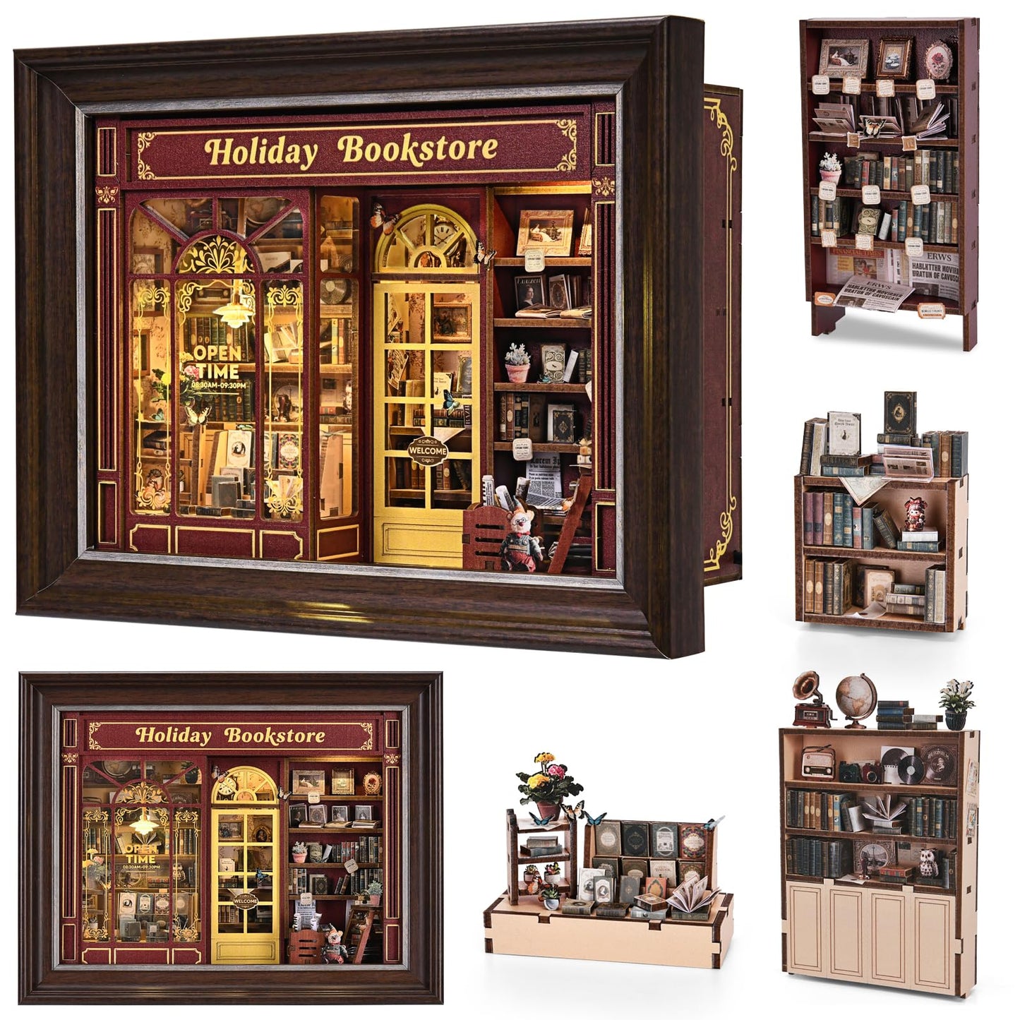 Book Nook Kit-3D Wooden Puzzle with LED Switch Control & Wall-Mountable Frame,DIY Miniature House for Beginners,Bookshelf/Tabletop/Wall Decor for Craft Lovers,Dollhouse Gift,Holiday Bookstore