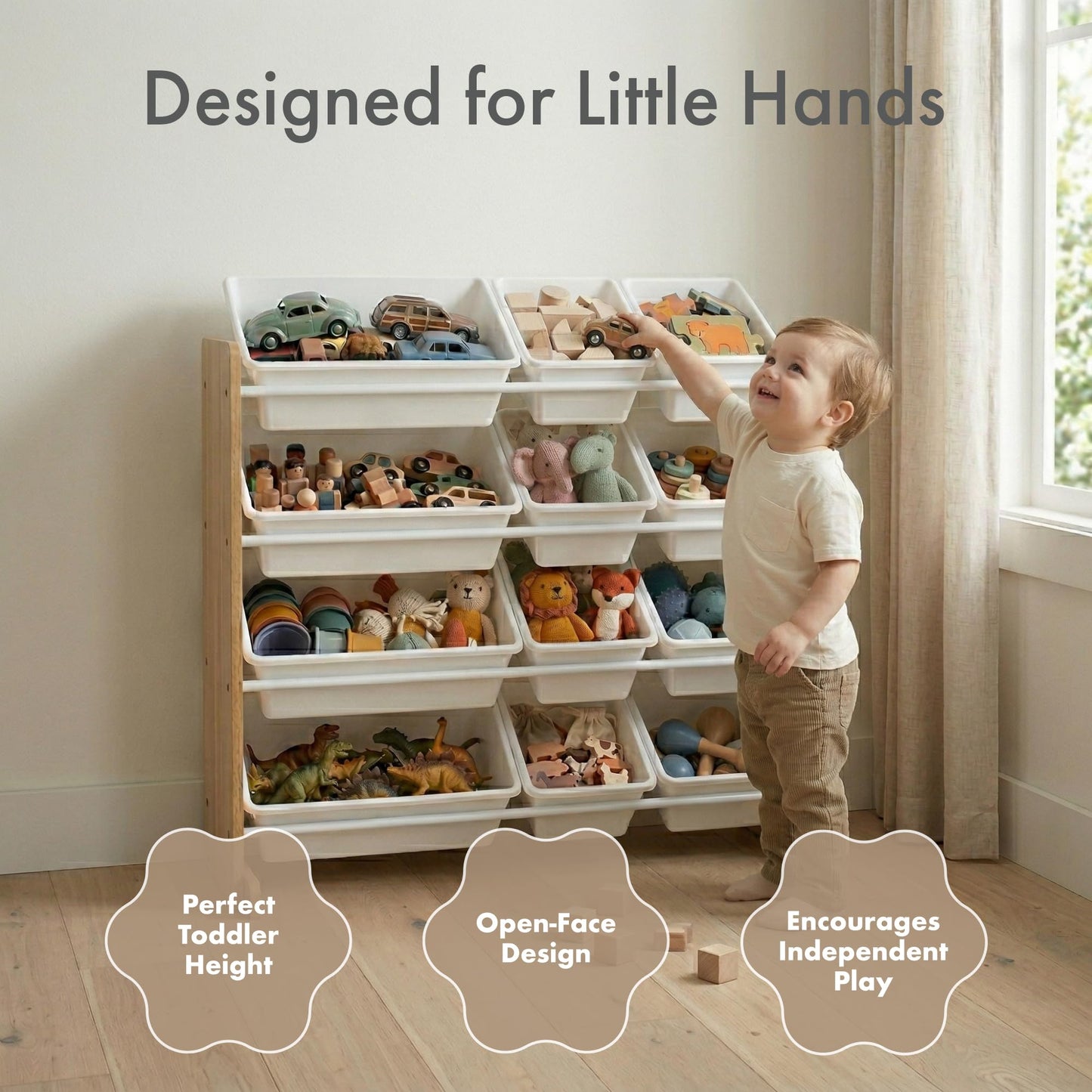 Humble Crew Toy Storage Organizer with 12 Removable Storage Bins for Kids Playroom, 4-Tier Toddler Toy Organization, Natural Wood/White
