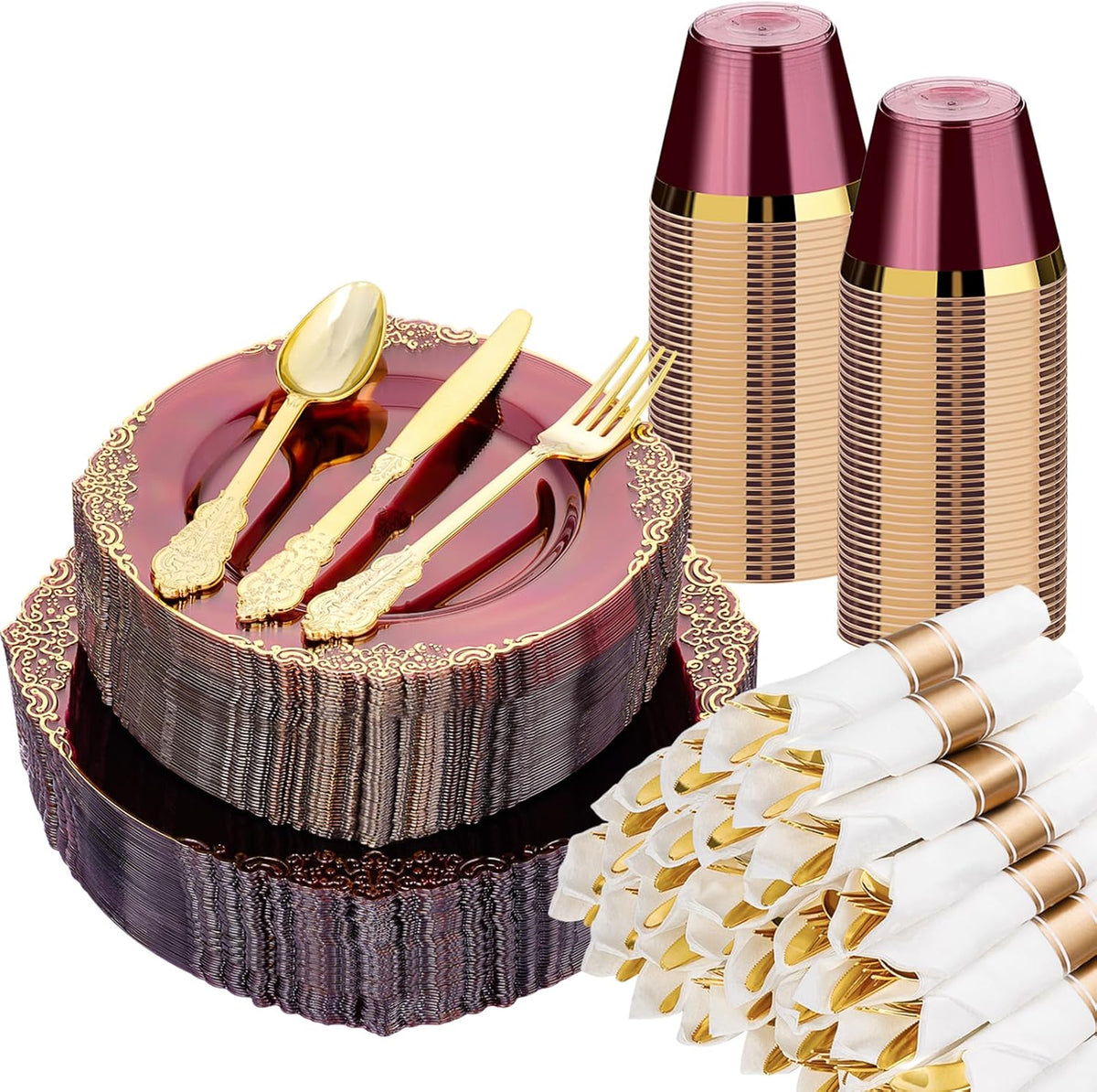 350 PCS Burgundy and Gold Plastic Plates, Disposable Dinnerware Set for 50 Guests, 100 Disposable Plates, 150 Silverwares, 50 Cups, 50 Napkins for Wedding, Party, Graduation