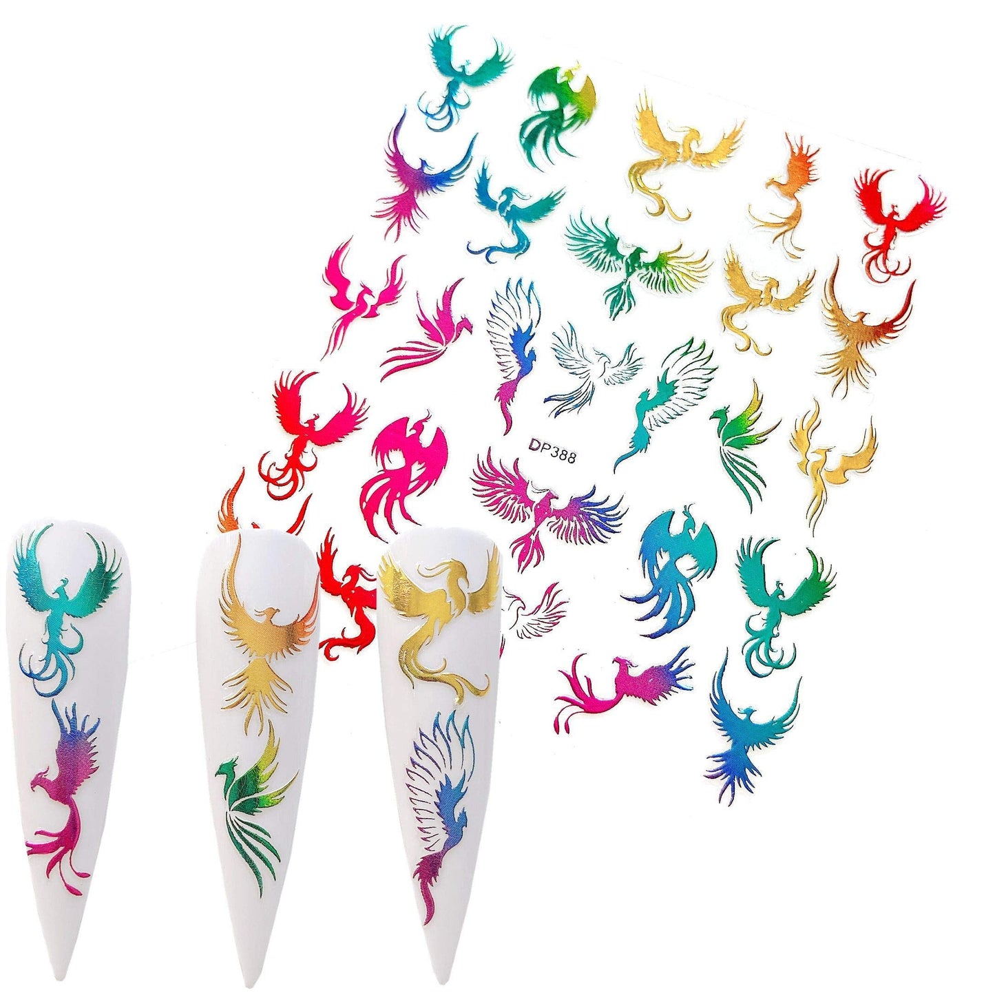 NAIL ANGEL 12Sheets Nail Art Adhesive Sticker Sheets Gold and Rainbow Color Dragon Peacock Phoenix Shapes Nail Art Decoration 10257