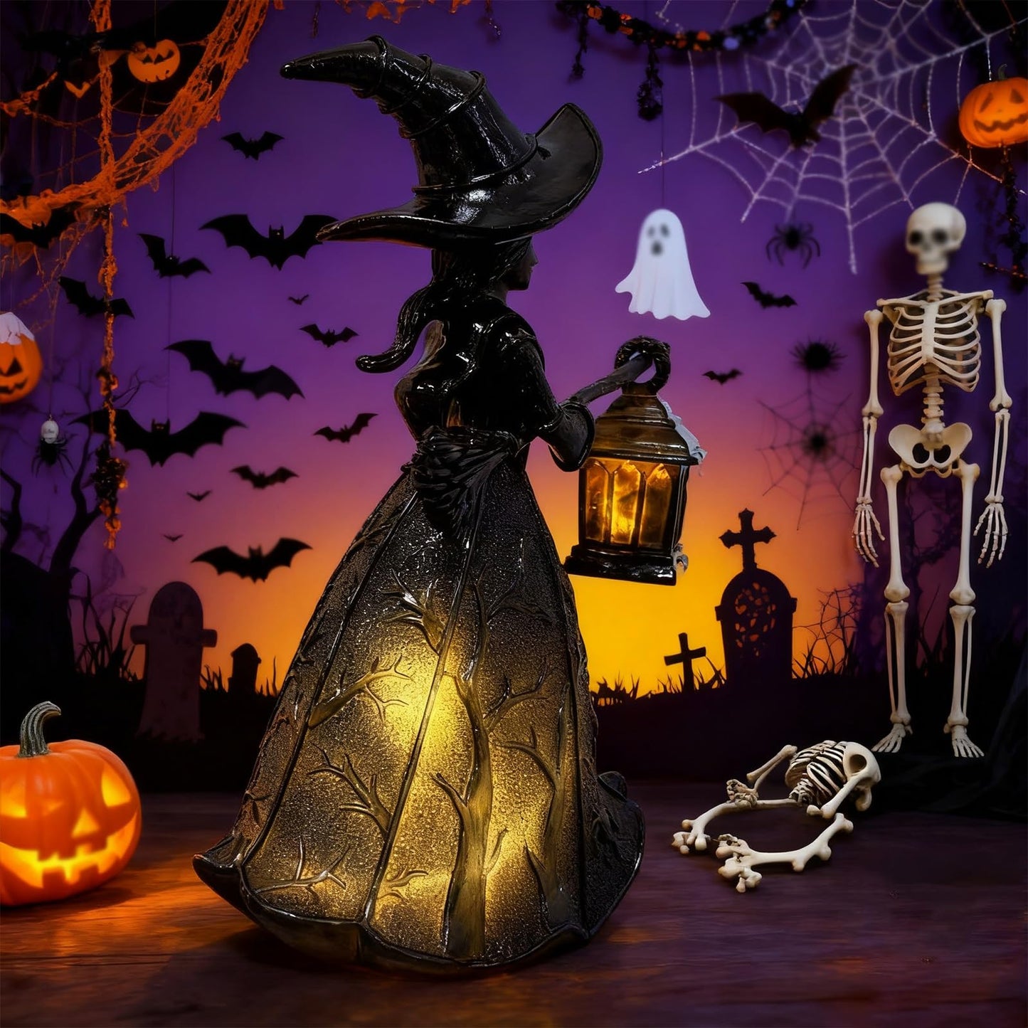 Halloween Witch Lamp, Gothic Spooky Witch Decor with Holding Lantern, Witchy Lamp with Witch Hat Design, Standing Night Light for Home, Porch, Tabletop, Party Decor, for Halloween and Gift(1pc)