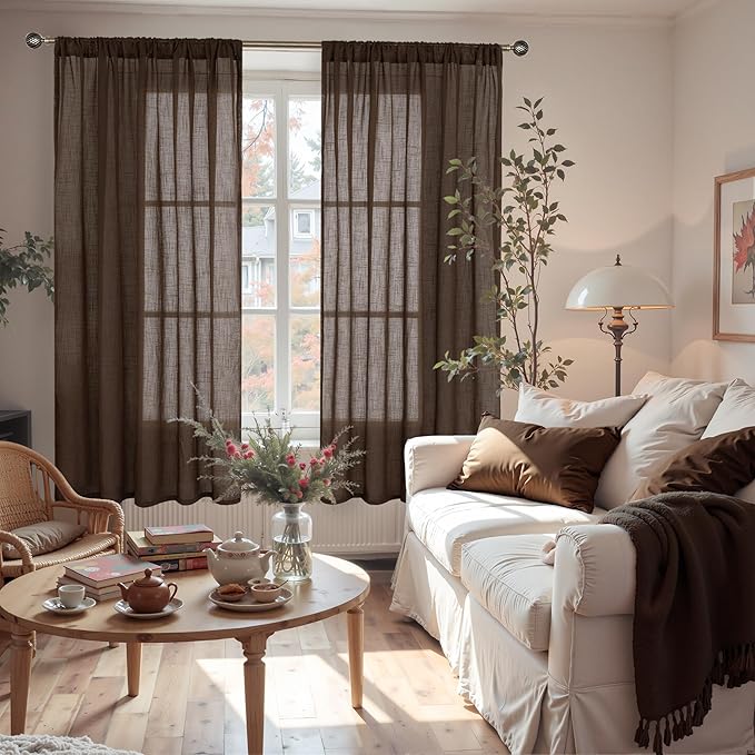 BGment Brown Linen Curtains 72 Inches Long for Living Room, Window Drapes Rustic Textured Semi Sheer for Farmhouse Beroom Dining Room Decor Rod Pocket Lightweight, 2 Panels Set, Each 52 Inch Wide