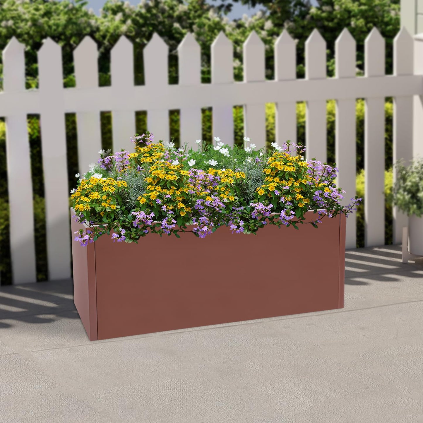 LIYABIN 38'' Large Planter Box, Steel Rectangular Elevated Plant Container with Drainage Holes Rustproof & Heavy Duty for Outdoor Modern, Patio, Balcony, Yard & Indoor Greenery (Brown)