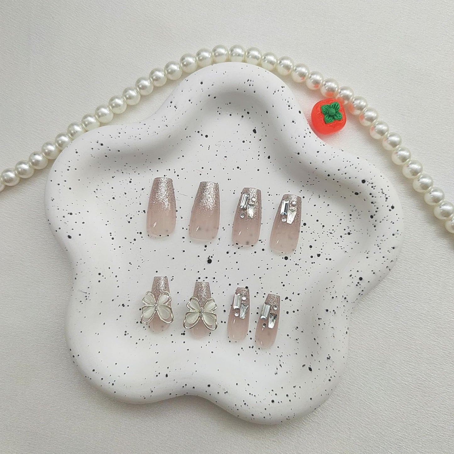 Medium Press on Nails Coffin Fake Nails with 3D Butterfly Rhinestones Charms Designs Glitter Nails Press ons Cute Acrylic Nails for Women 24Pc