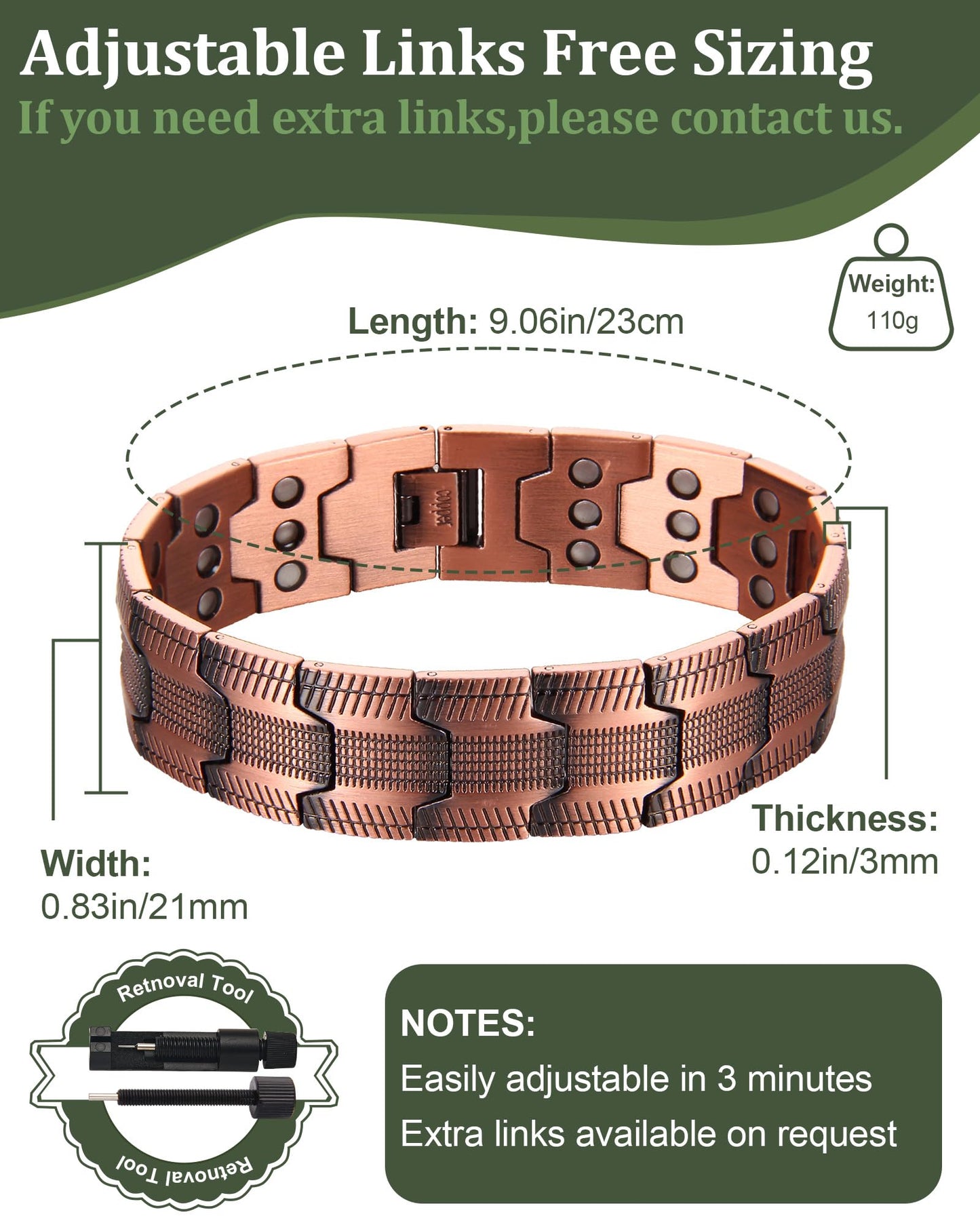 Fashtour 3X Copper Bracelet for Men Triple Ultra Strength Magnets, Masculine Design Pure Copper Magnetic Bracelet and Ring Set, Adjustable Length with Sizing Tool