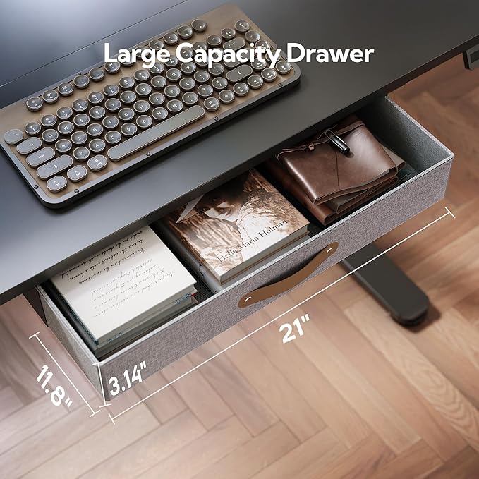 Seang Standing Desk with Drawer, 55" x 24" Height Adjustable Stand Up Desk, 3 Memory Height Settings with Cable Grommets & Storage Hooks, Ideal for Home & Office, Black