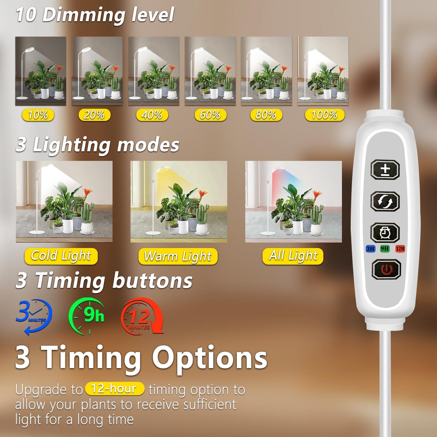 Floor Grow Lights for Indoor Full Spectrum Plant Lighting with Adjustable 67" Stand for Growing Large Tall Plants 3/9/12H Timer,3 Light Modes, 10 Dimming