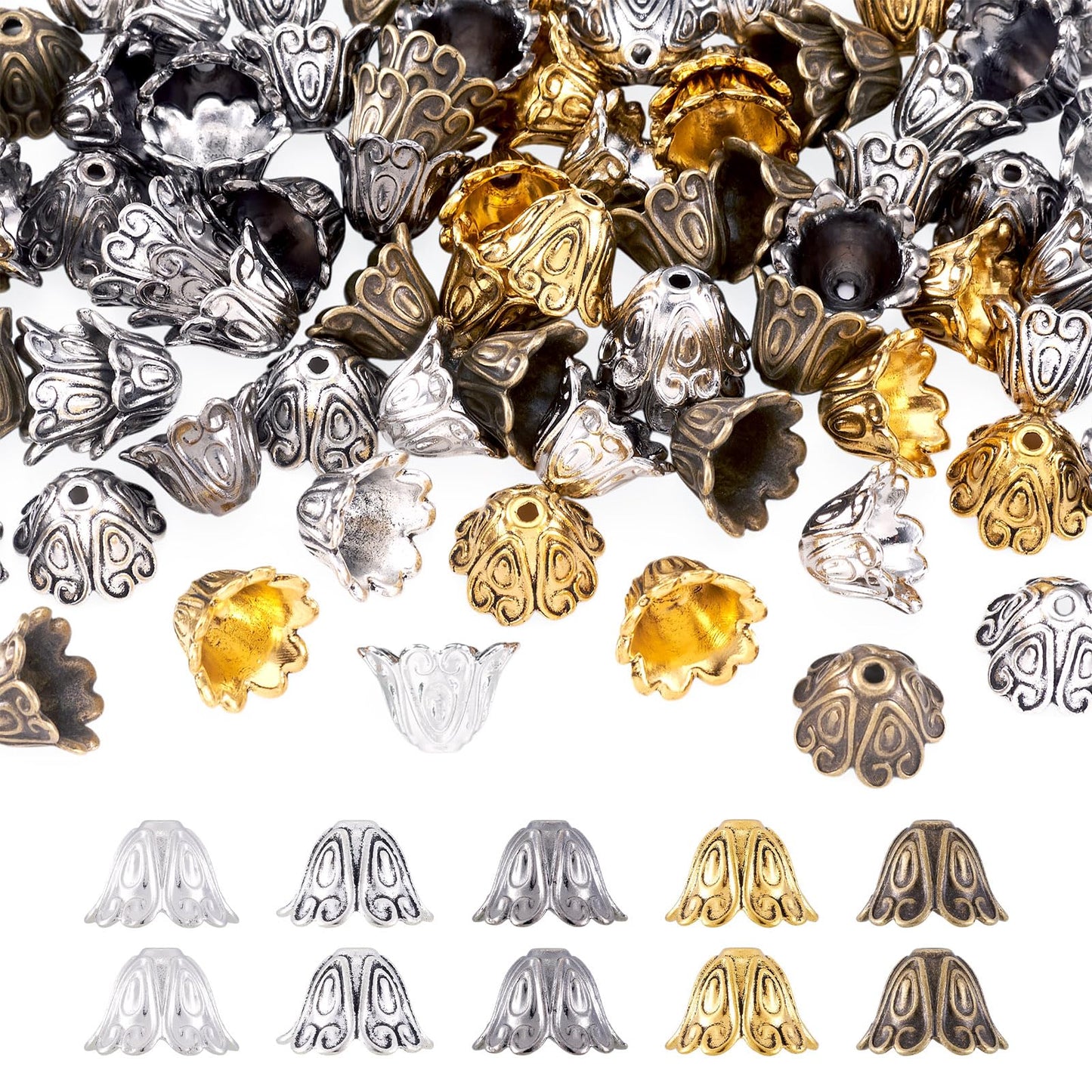 EEE ELECRELIVE 100Pcs Flower Cone Bead Caps 5 Colors Floral Tassel Earring Bead Caps 15mm Antique Style Metal End Beads for Tassel Earring Bracelet Jewelry Making Supplies
