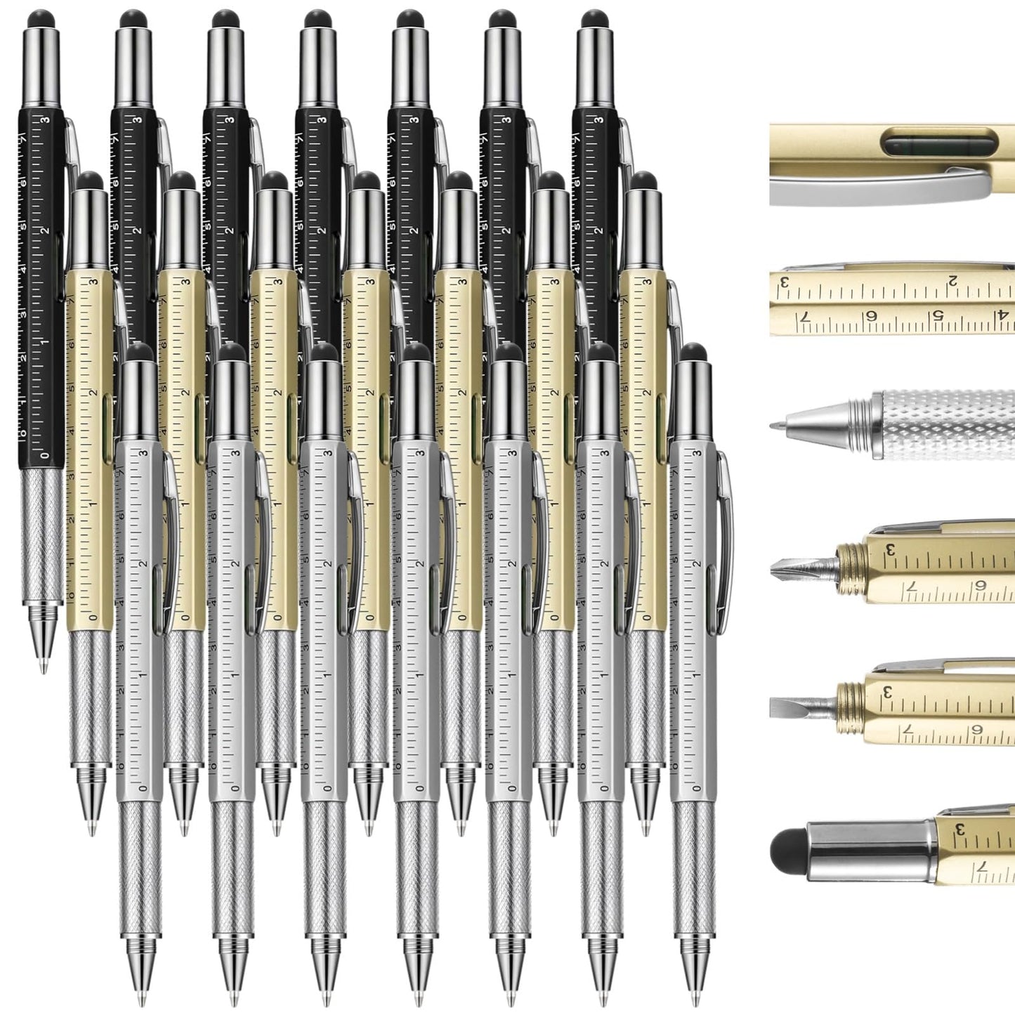 Multi Tool Pens, 30 Pcs Multitool Pens with Refills, 6 in 1 Multi-tool Pen Set with Ruler, Level Gauge, Ballpoint, Stylus, Screwdriver and Slotted Screwdriver for Men Fathers Day, Birthday Gifts