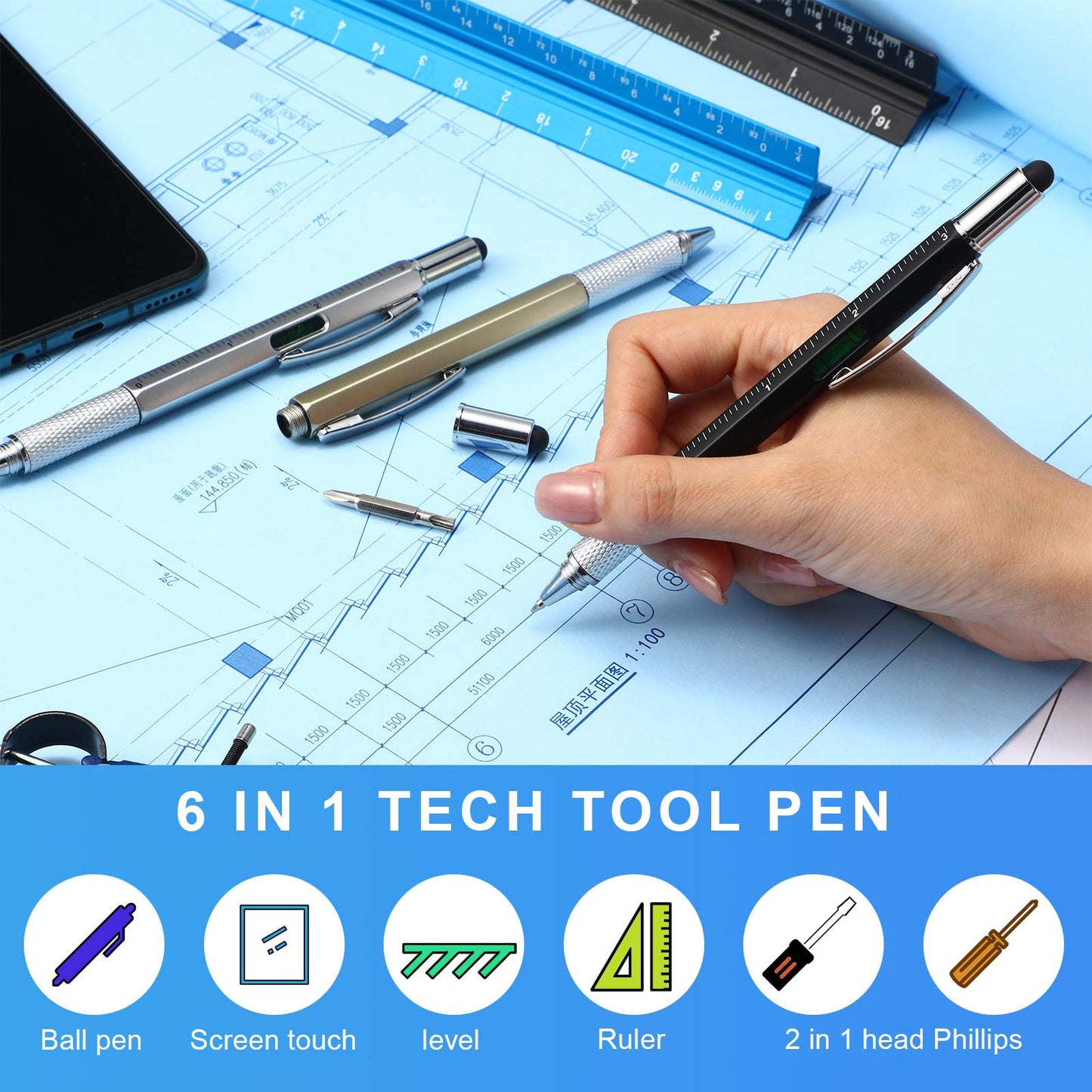 Honoson 30 Pcs Tool Pen for Men Gift 6-in-1 Multitool Tech Tool Pen with Ruler, Level Gauge, Ballpoint, Stylus, Screwdriver and Slotted Screwdriver Multifunction Gift for Him Dad Father Day