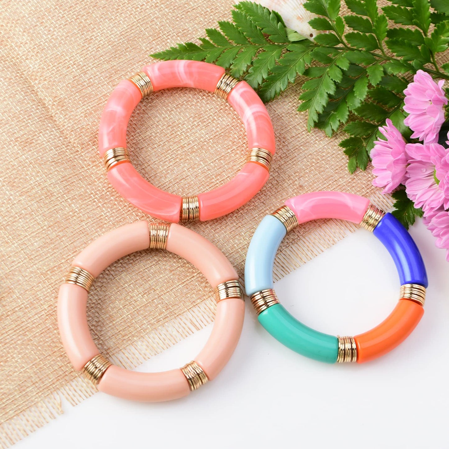 GOOJIDS Simple Beaded Gold Plated Bangles Bracelet Chunky Bamboo Tube Curved Stacking Clear Acrylic Colorful Beads Stretchable Gold Plated Bracelets Set For Women