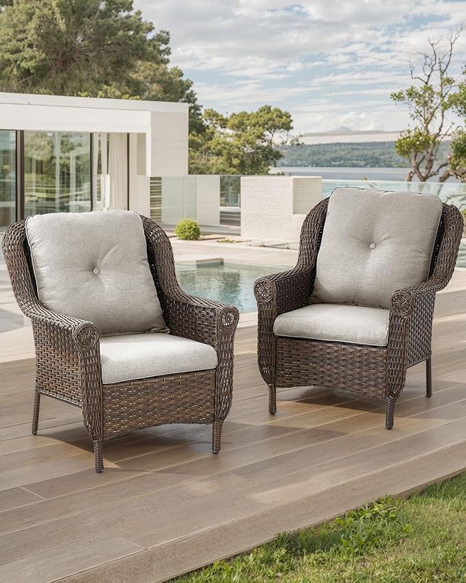 Patio Wicker Chairs Outdoor Furniture Chair - Set of 2 Outside All Weather Lawn Dining Brown Rattan Armchair with High Back&Deep Seating for Deck Porch Balcony Backyard Garden - Beige