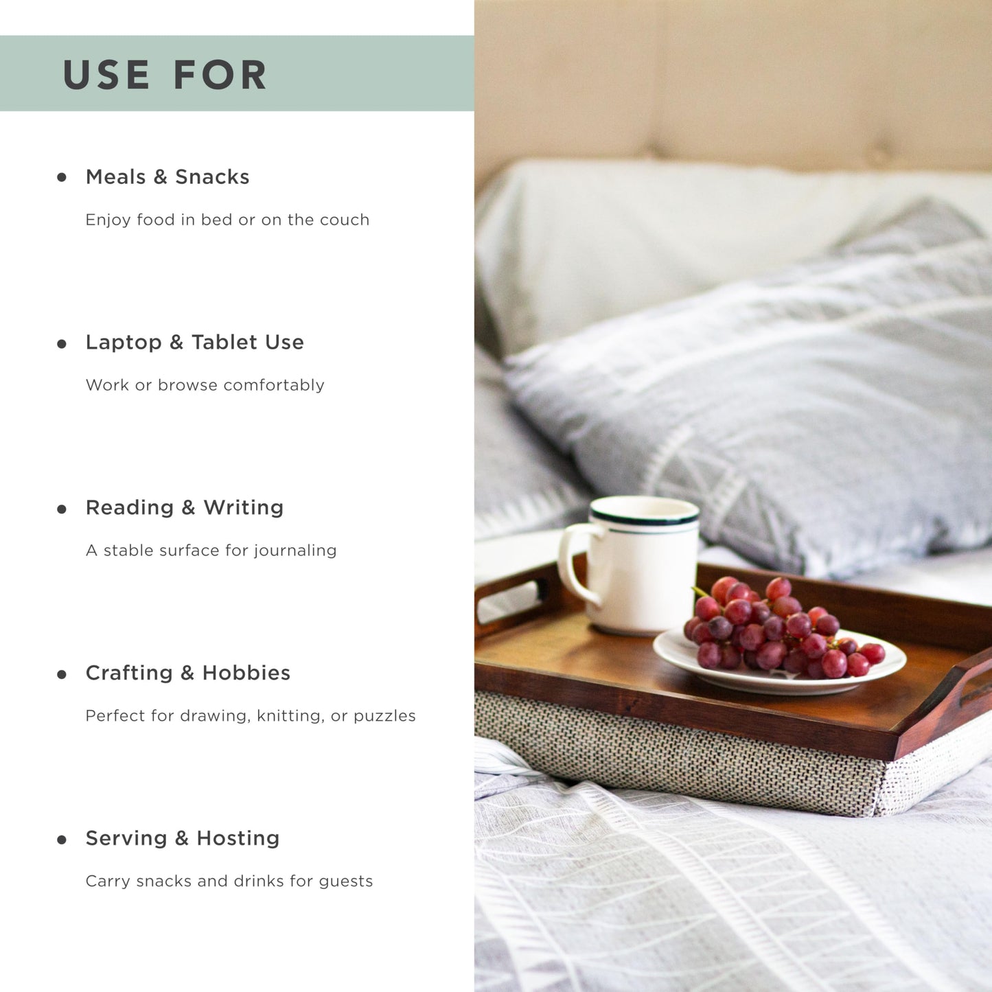 ROSSIE HOME Bamboo Wood Bed Tray, Lap Desk with Detachable Cushion, Serving Tray - Java - Fits up to 15.6 Inch Laptops - Style No. 76102