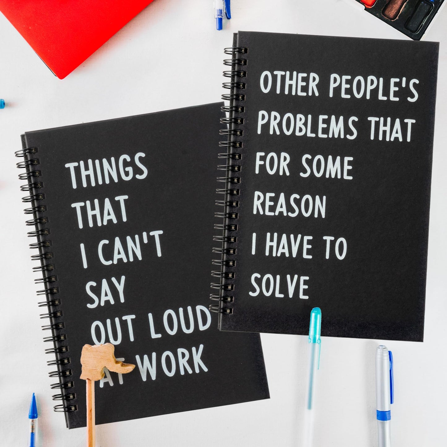 GioXtra Funny Office Notebook - 2Pcs SOLVE THINGS Humorous Work Quote A5 Spiral Notebook Black Hardcover Diary Notepad for Office Coworker White Elephant Gift College Student Gag Gift Birthday Favor