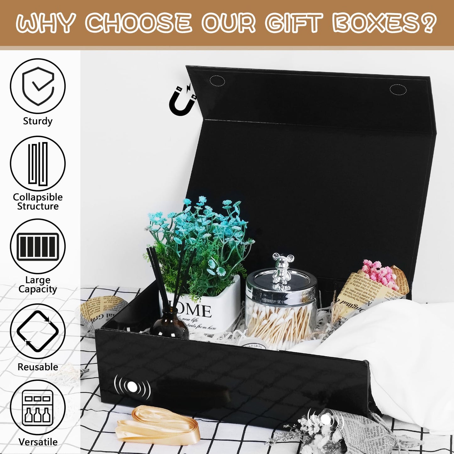 RayofSun Black Gift Boxes with Magnetic Lids for Presents Large Rectangle Collapsible Decorative Boxes 13.7x9x4.3inch, Bridesmaid Groomsmen Proposal Box for Wedding, Christmas, Birthday(1PC)