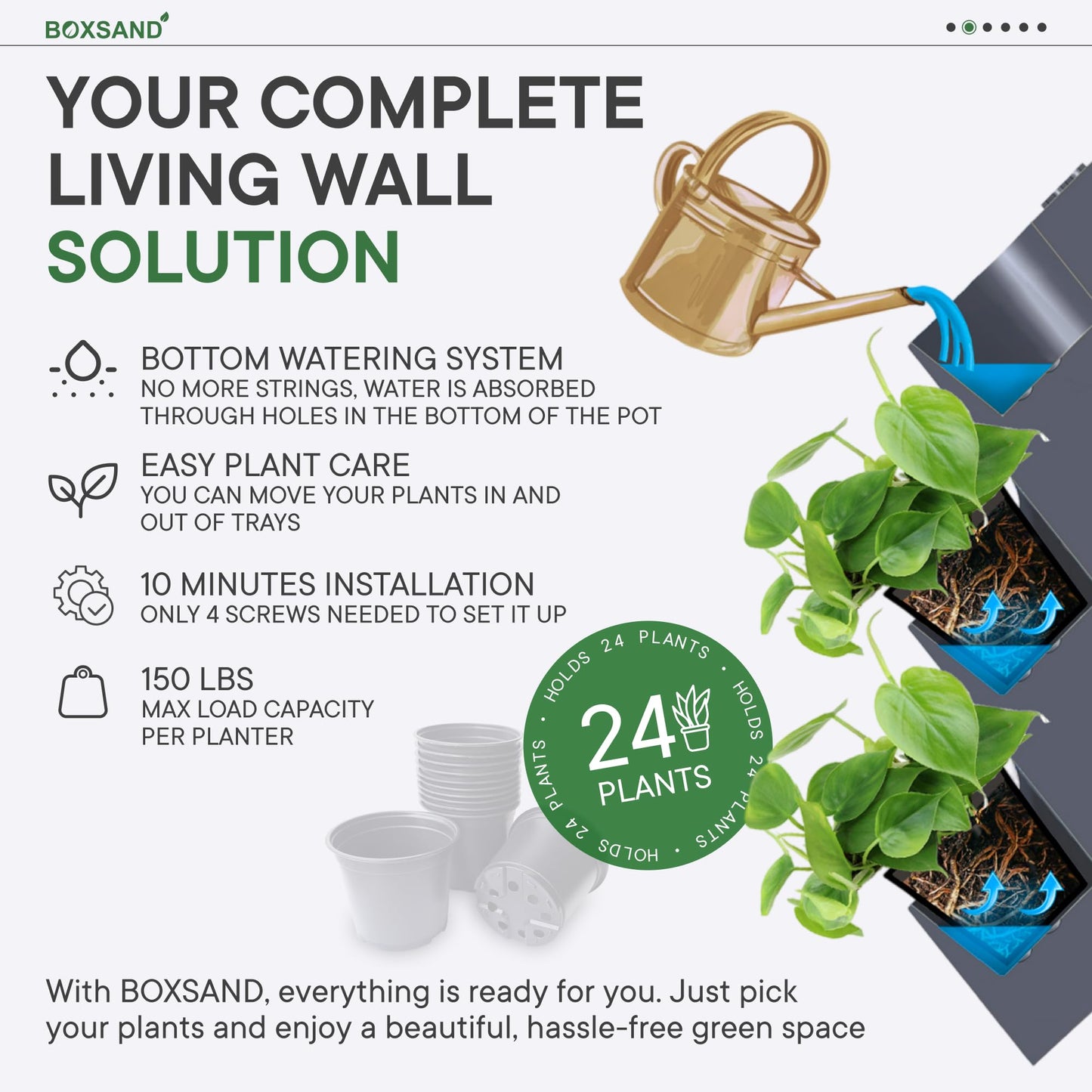 BOXSAND-24 Vertical Wall Planter (24"x50", Black with Round Pots) – Living Wall for 24 Plants, Indoor/Outdoor Vertical Garden System, Easy 4-Screw Install