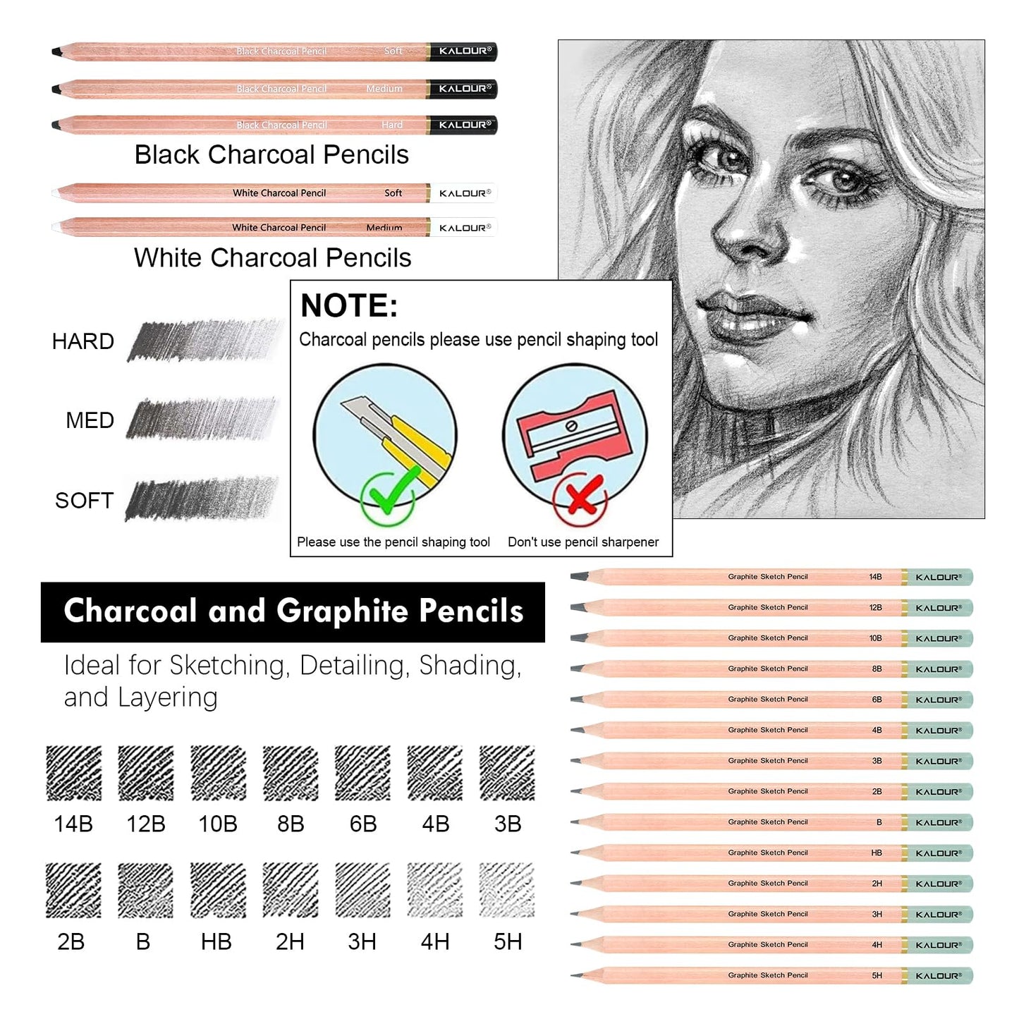 KALOUR PDAS 39pcs Drawing Pencil Set, Professional Sketch Pencils (5H-14B), Black and White Charcoal Pencils for Sketching, Eraser Brush Pen, Charcoal Sticks, Art Pencils Set for Artists & Beginners