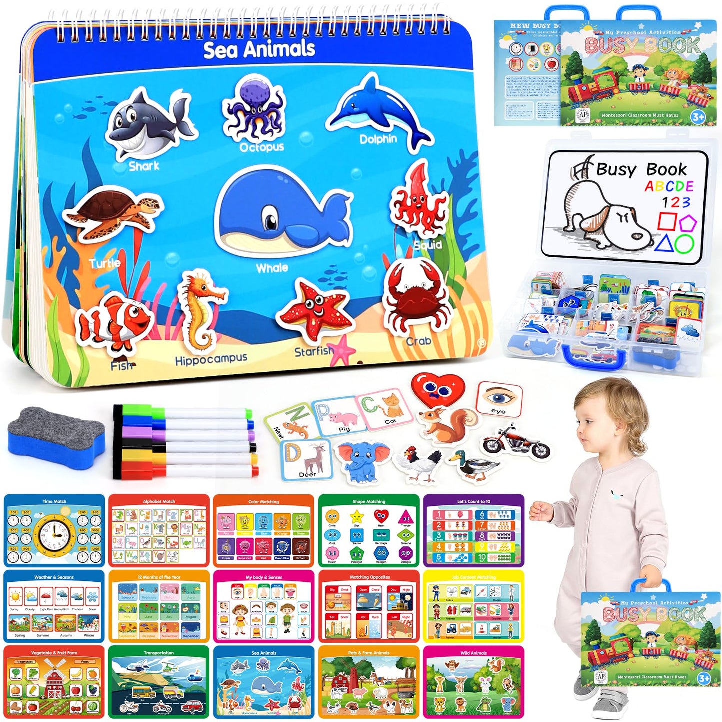 HarVow Busy Book with Classified Storage Box & Double-Sided Writing Board, 15 Themes Montessori Preschool Learning Activities, Pre-Assembled Ready to Use, Sensory Travel Toys for Toddlers Ages 3-5