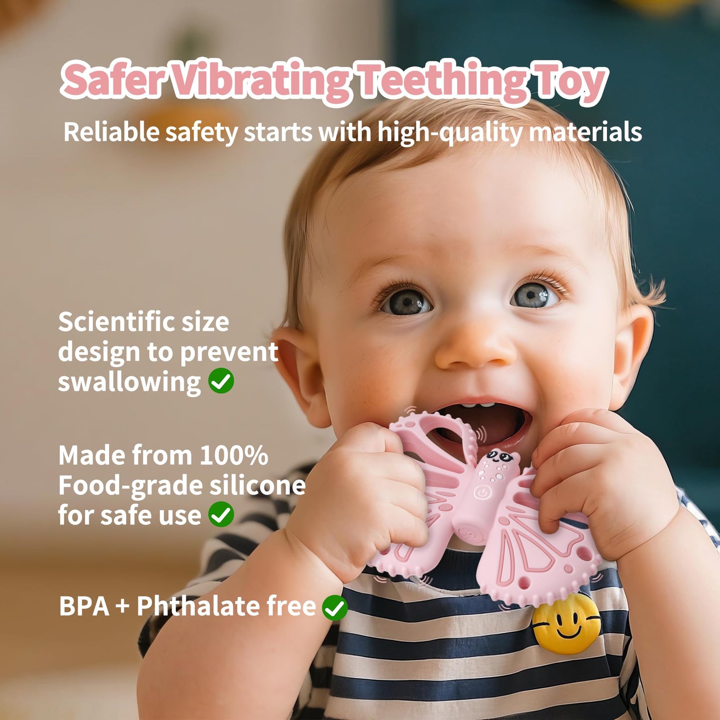 Vibrating Teether for Baby - Chewy Sensory Toy for Teething & Autism, 10-Speed Vibration Modes, USB Rechargeable, Food Grade Silicone Teether for Sensory Seekers(Pink)