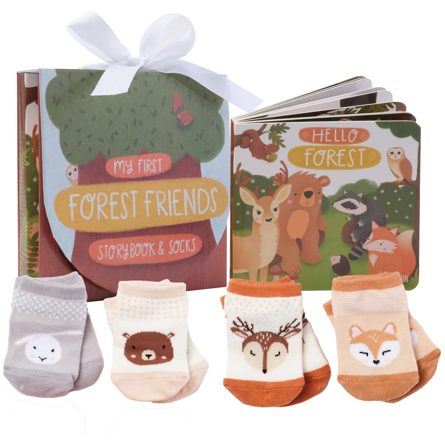 Tickle & Main Registry Gift Set - 5 Pieces, Forest Friends, 0-12 Months - Baby Socks Newborn & Hello Forest Board Book - Newborn Set, Gender Neutral