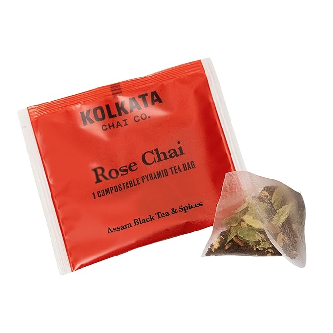 Kolkata Chai - Rose Chai Tea Bag, 45 Count, Premium Assam Black Tea and Spices, Compostable Tea Bags, Vegan, All Natural