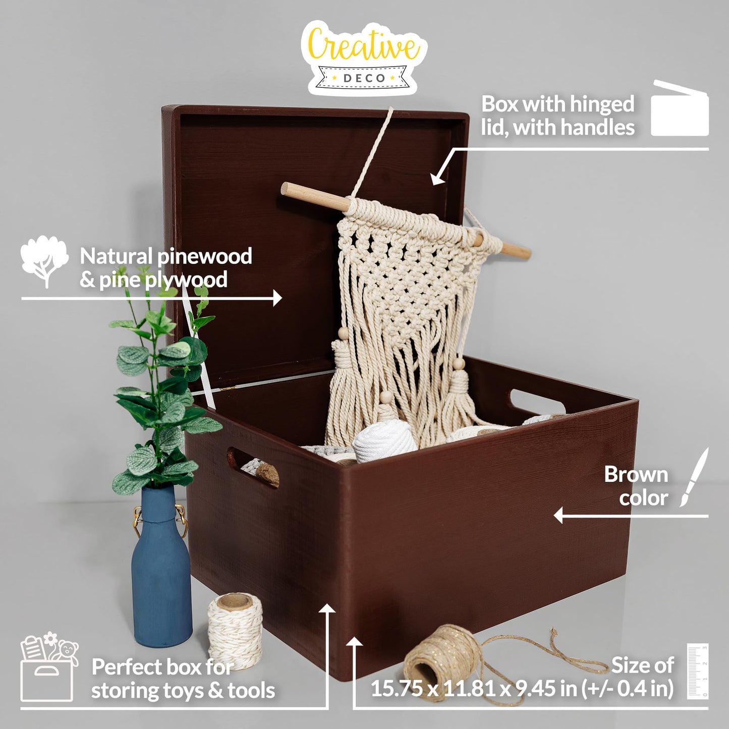 Creative Deco Large Brown Wooden Box Storage with Hinged Lid | 15.8x11.8x9.44in (+-0.5) | Keepsake Decorative Gift Box | Acacia-Like Wood Chest Trunk PRODUCT NOT INTENDED FOR 15 YEARS OR BELOW