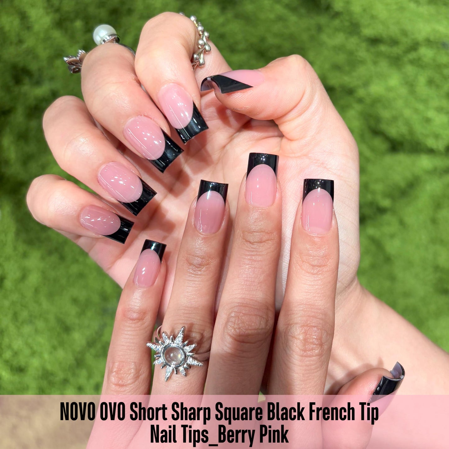 NOVO OVO Short Sharp Square Black French Tip Nail Tips Press on BERRY PINK, Extra Thick NEED Nail Glue Builder Gel Top Coat, Soft Gel Full Cover Fake Flase Nail Extension for DIY x 15 Sizes 240 pcs