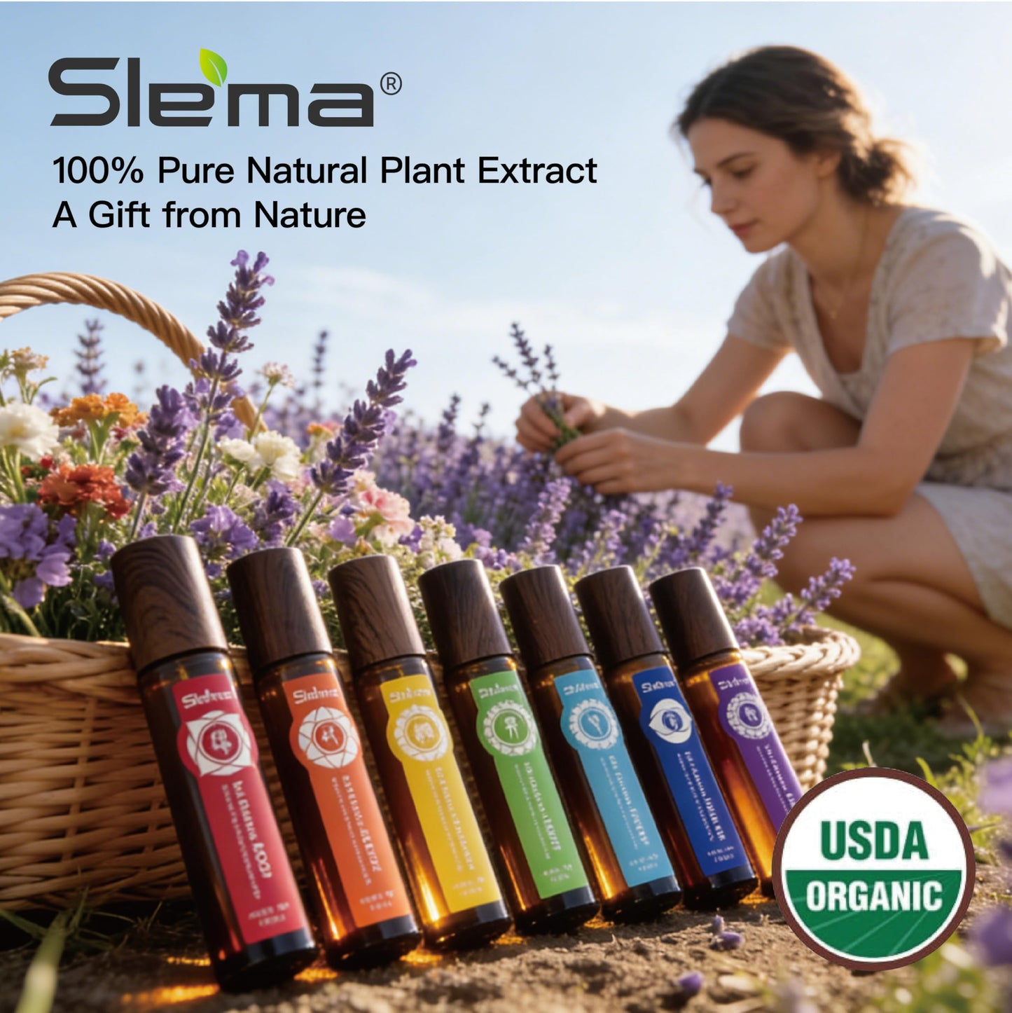 Slema 7 Chakra Essential Oil Roller Gift Set - 7x5ml with Natural Crystal & Jade Rollerballs, Plant-Based Blends for Meditation, Yoga (5mlx7)