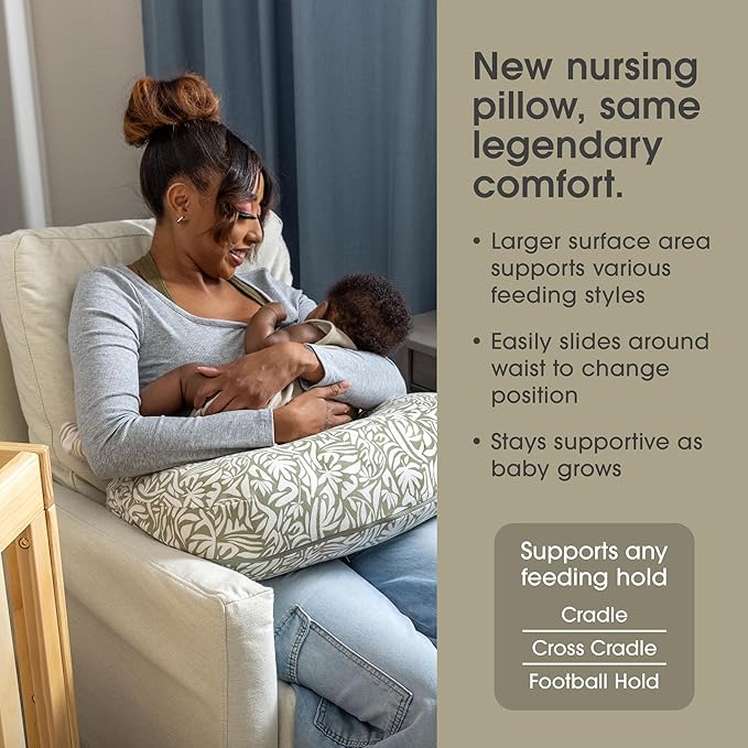 Boppy Nursing Pillow with Organic Cover, Green Cut Out Leaves, Larger, More Supportive Pillow for Breastfeeding and Bottle Feeding; Firmer and Higher Than Original Nursing Pillow; JPMA Certified