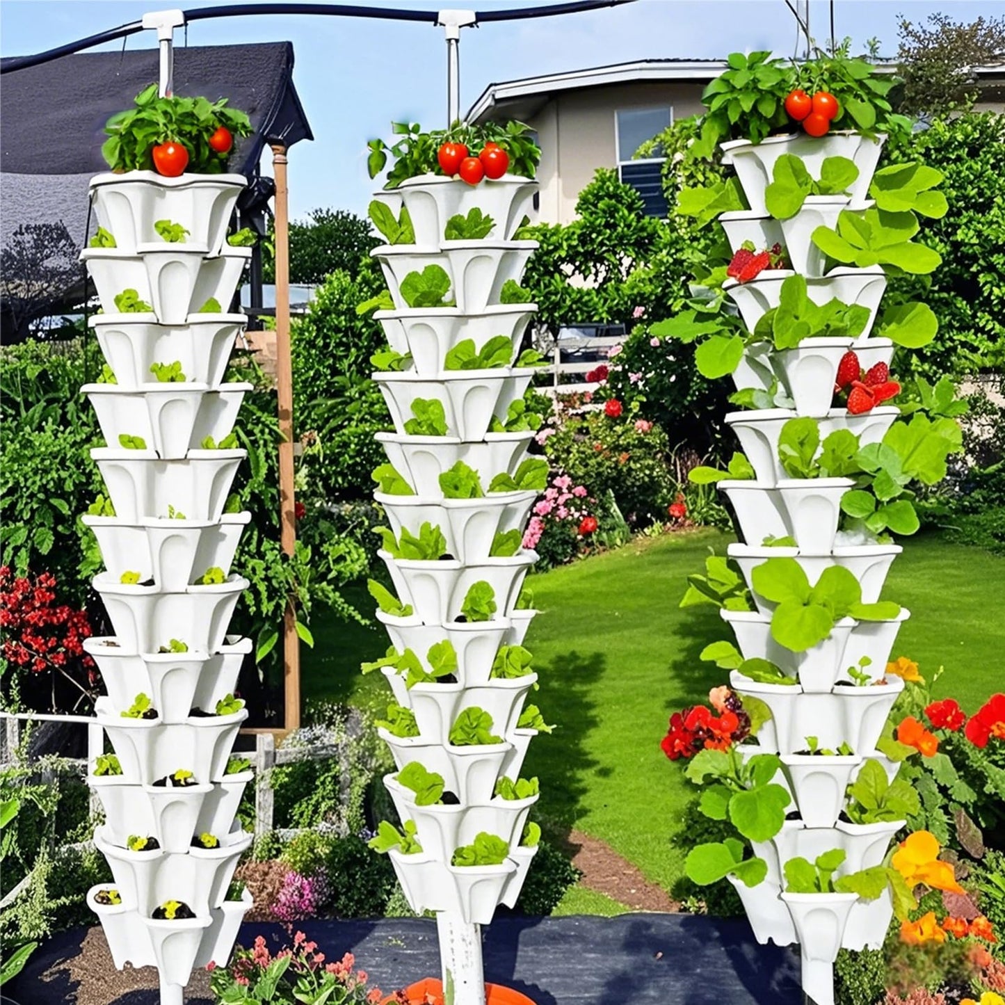 Lykvrii Strawberry Planters, 7 Tiered Vertical Stackable Planter, Herb Stacking Tower Garden, Flower and Vegetable Planters with Support Pole Indoor & Outdoor with Removable Wheels - Dark Grey