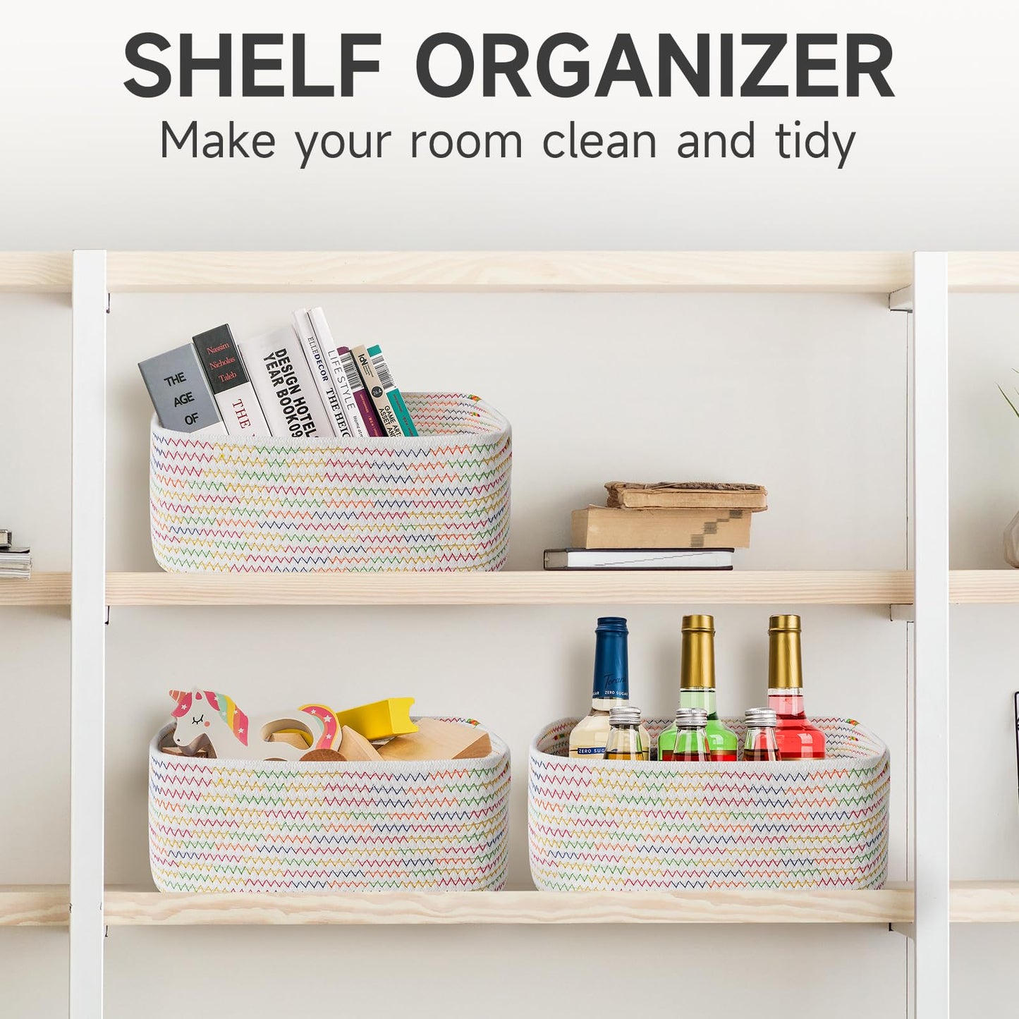 Maxuni 3-Pcs Shelf Baskets for Organizing, Closet Organizer Bins, Small Woven Baskets, Rope Toy Basket, Storage Basket for Shelves, Cube Decorative Box, 11.8×7.8×5.1”, Rainbow