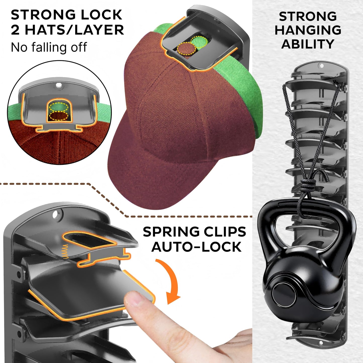 BRUBEQO Spring Clip Hat Organizer Hold Storage 40 Caps for Baseball Caps（2-Pack） Wall Mount Closet & Door Hat Rack Holder Hanging Closet Install with Strong Adhesive or Screws.
