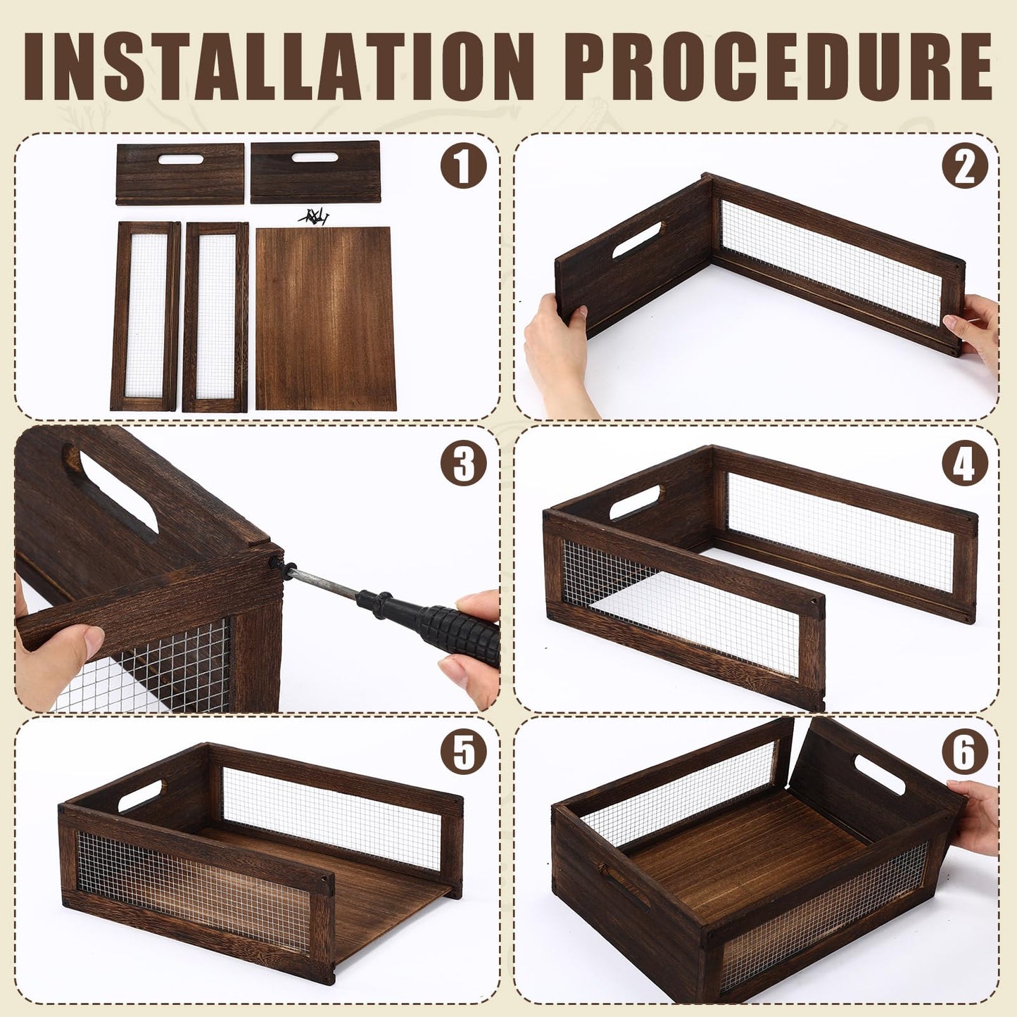 4 Pcs Wooden Countertop Baskets for Kitchen Bathroom, Easy Self-assembly Rustic Nesting Boxes with Handle and Wire Mesh, Multipurpose Wooden Crates for Fruit, Include Screws (Medium,Burnt Wood Finish)