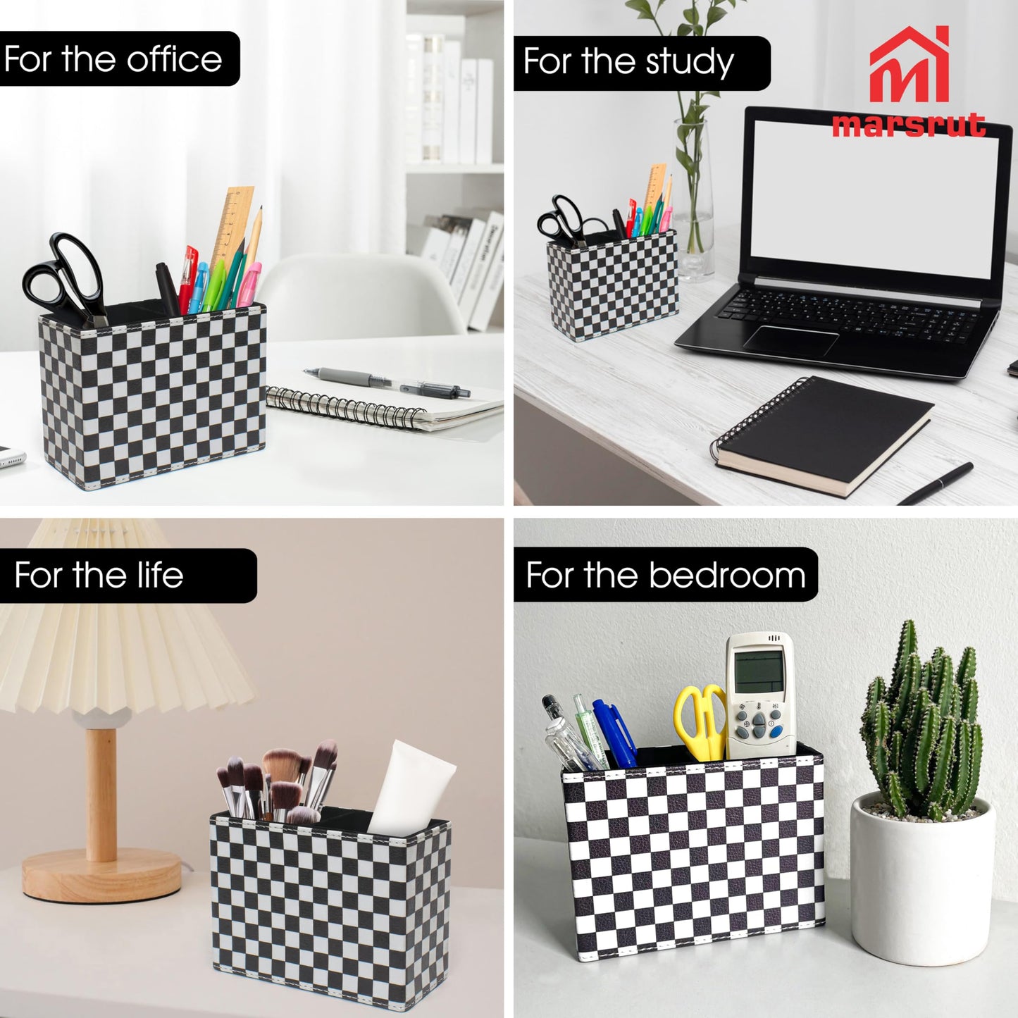Checkered Pencil Box Desk Accessories for Office Decor, Desktop Pen Holder, Black White Racing Style Organizer Case Stand Cup Storage for Makeup Brush Study Table, with 2 Compartments, Sturdy Leather
