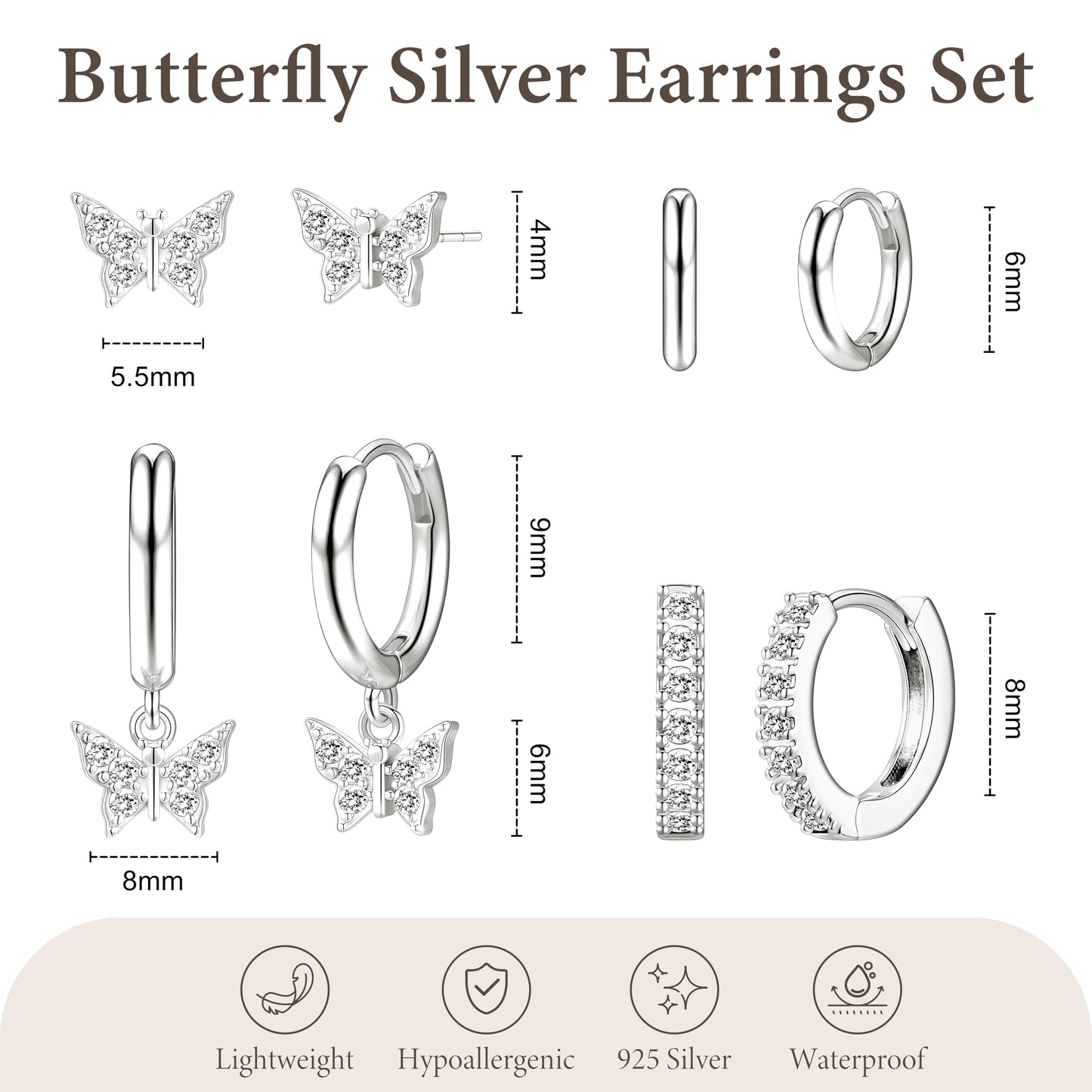 Silver Butterfly Earrings for Women, Huggie Small Stack Cartilage Stud Hoop Earring Sets for Multiple Double Piercing, Conch Helix Rook Tragus Daith Piercing Silver Clip On Jewelry Set Gifts