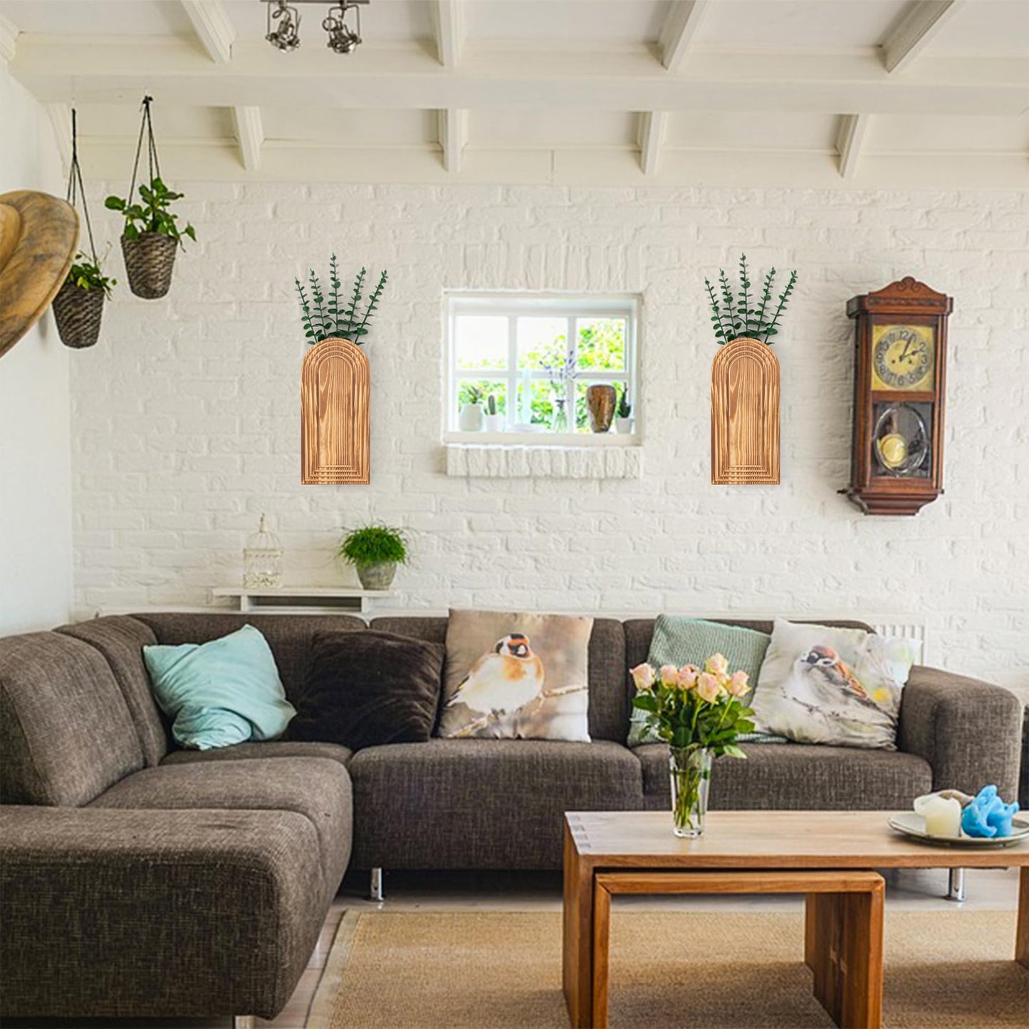 2 Pcs Wooden Wall Vase Set for Decor with 10pcs Artificial Eucalyptus Plants-Boho Hanging Planter Modern Farmhouse Wall Decor for Bathroom Living Room Dining Room Bedroom Kitchen