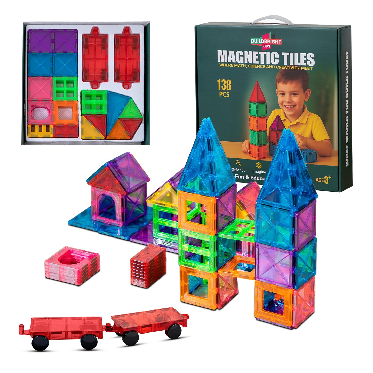 Buildbright kids Magnetic Building Tiles 138 pcs with Storage Organizer & Play Mat – Montessori STEM Educational Construction Blocks, Creative Learning Toys for Kids