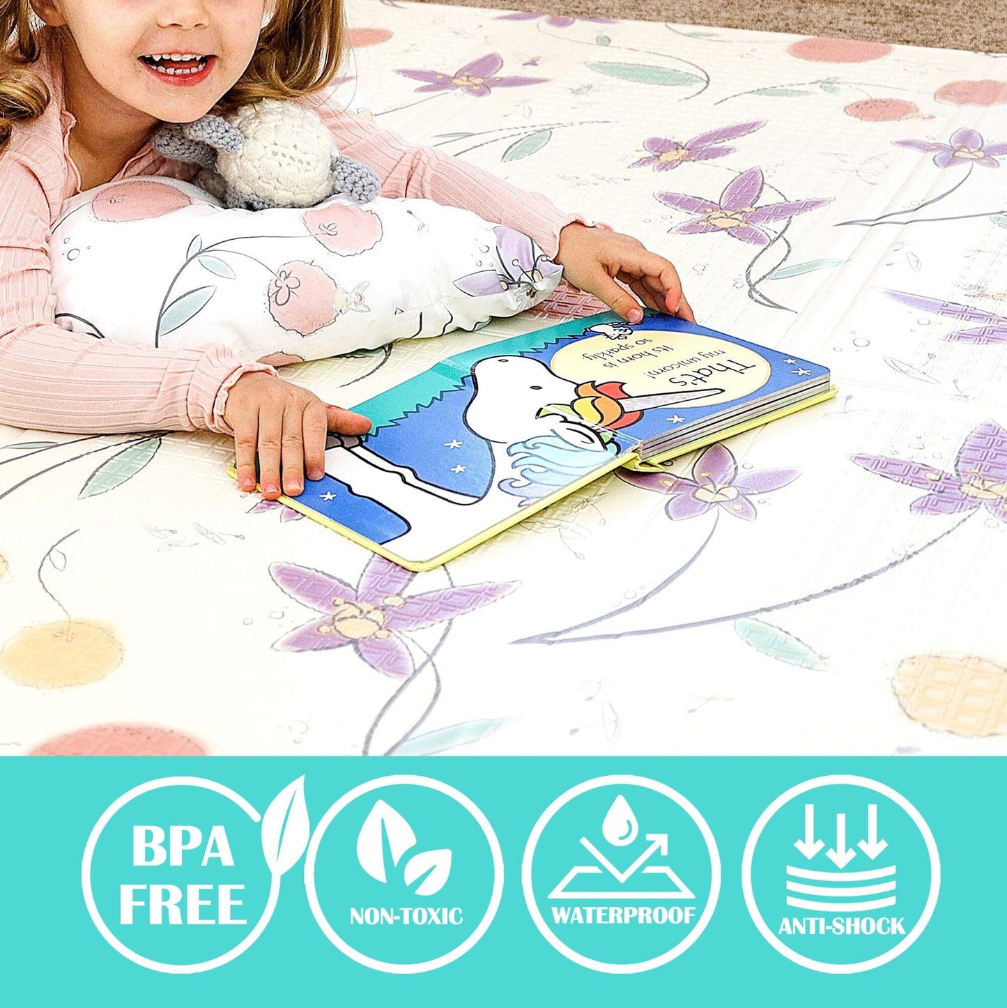 JumpOff Jo Foldable Foam Play Mat – Large Waterproof Baby & Toddler Activity Floor Mat, Double-Sided 70 x 59 Inch Play Surface - Fairy Blossom