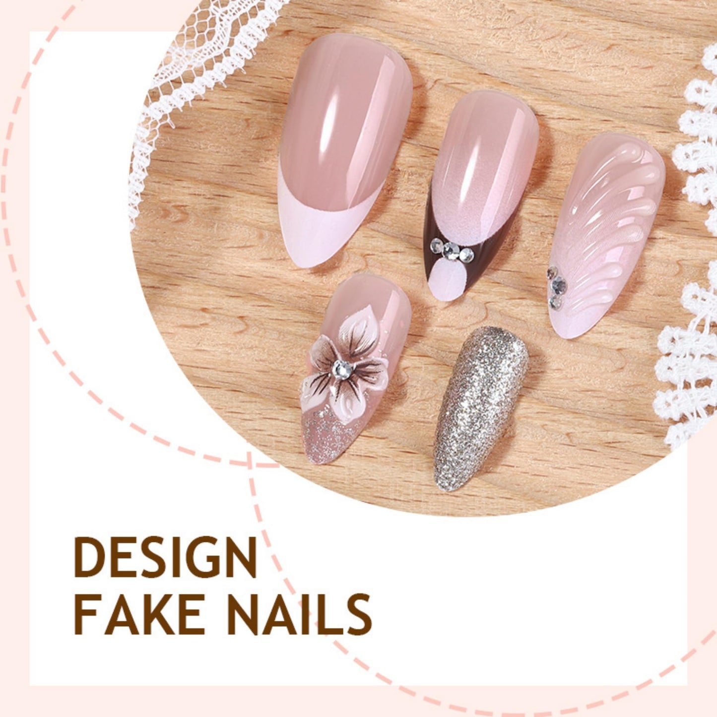 Long Press on Nails Almond Fake Nails Nude Artificial Nail SEENEEY Flowers Rhinestones Designs Cute Stick on Nail for Women 24pcs