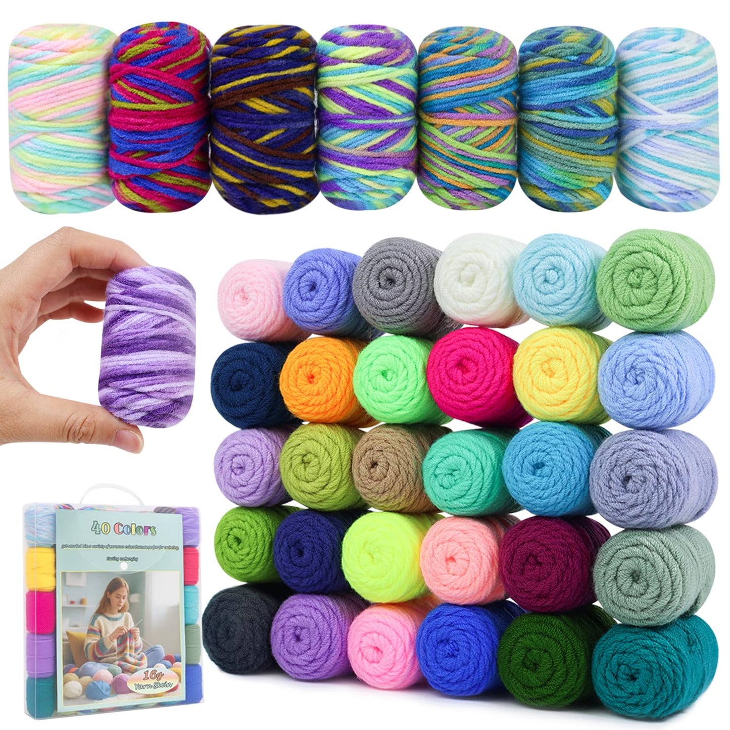 Lewhoo 40 Colors Crochet Yarn Kits, 1399 Yards Acrylic Yarn for Knitting, Beginner Crochet Kit with 4.0mm Ergonomic Crochet Hooks