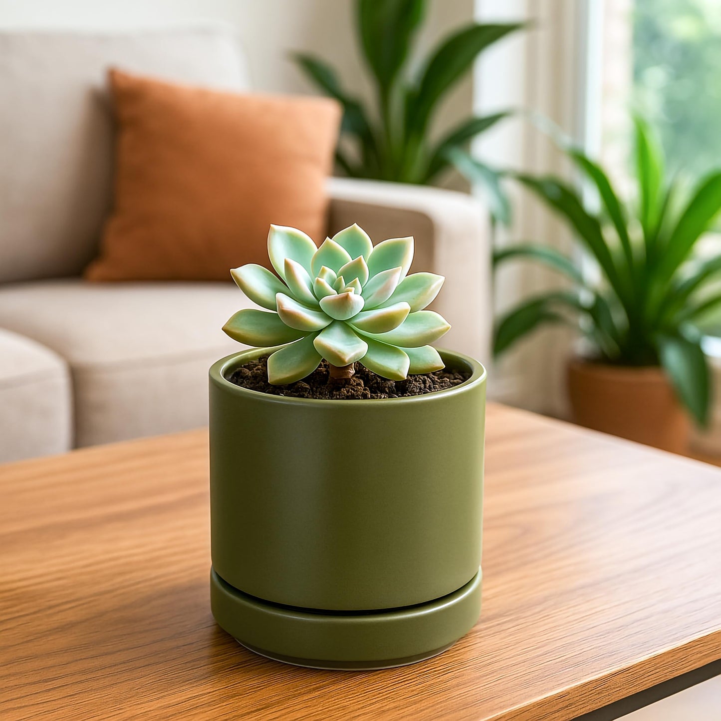 D'vine Dev Set of 2 Plants Pots, 4.7 Inch Ceramic Planter Pot for Plants with Drainage Hole and Saucer, Olive, 94-V-B-J